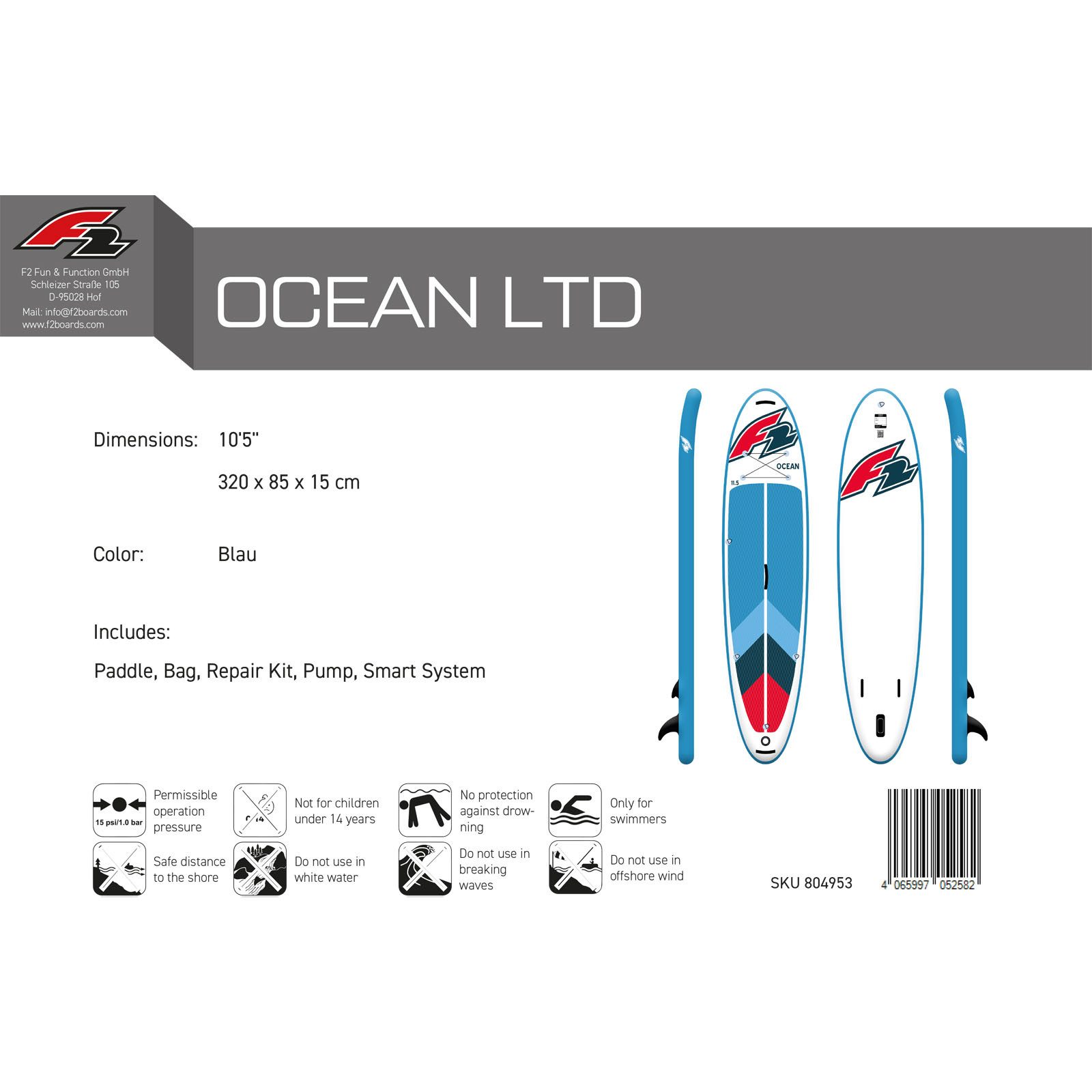 F2 SUP-Board F2 Stand up Paddle Board OCEAN LTD SUP Board Only 10,5 Rot, Stand up paddle board