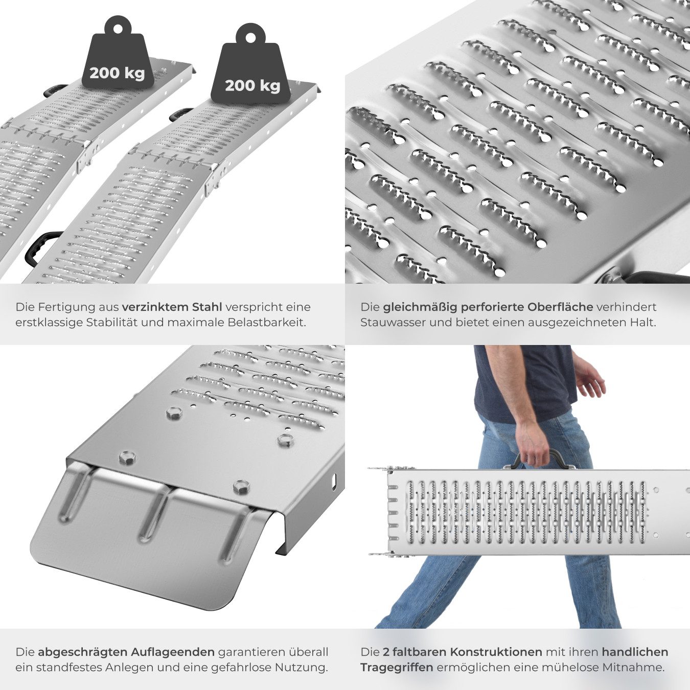 tectake Auffahrrampe 2er-Set Verladerampen aus verzinktem Stahl, faltbar, mit (Set, 2x Verladerampe), 400 kg Belastbarkeit, 200 kg je Rampe, perforierte rutschf – Bild 4 von 5