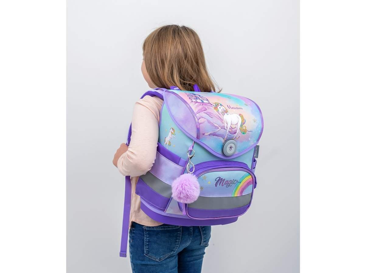 Belmil Schulranzen Compact 2026, Regenbogen Einhorn, 4tlg. Set ab 1. Klasse, Einschulung, für Mädchen