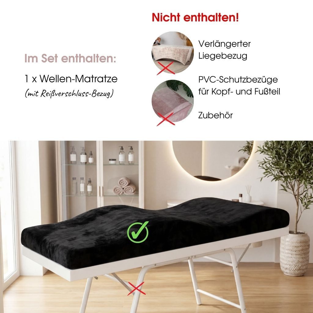 STM Company Massageliege Memory Foam Wellenmatratze für Kosmetikliege (180x60 cm / 190x70 cm, mit Veloursbezug), Anatomischer Lash Topper für Wimpern, PMU & Kosmetik