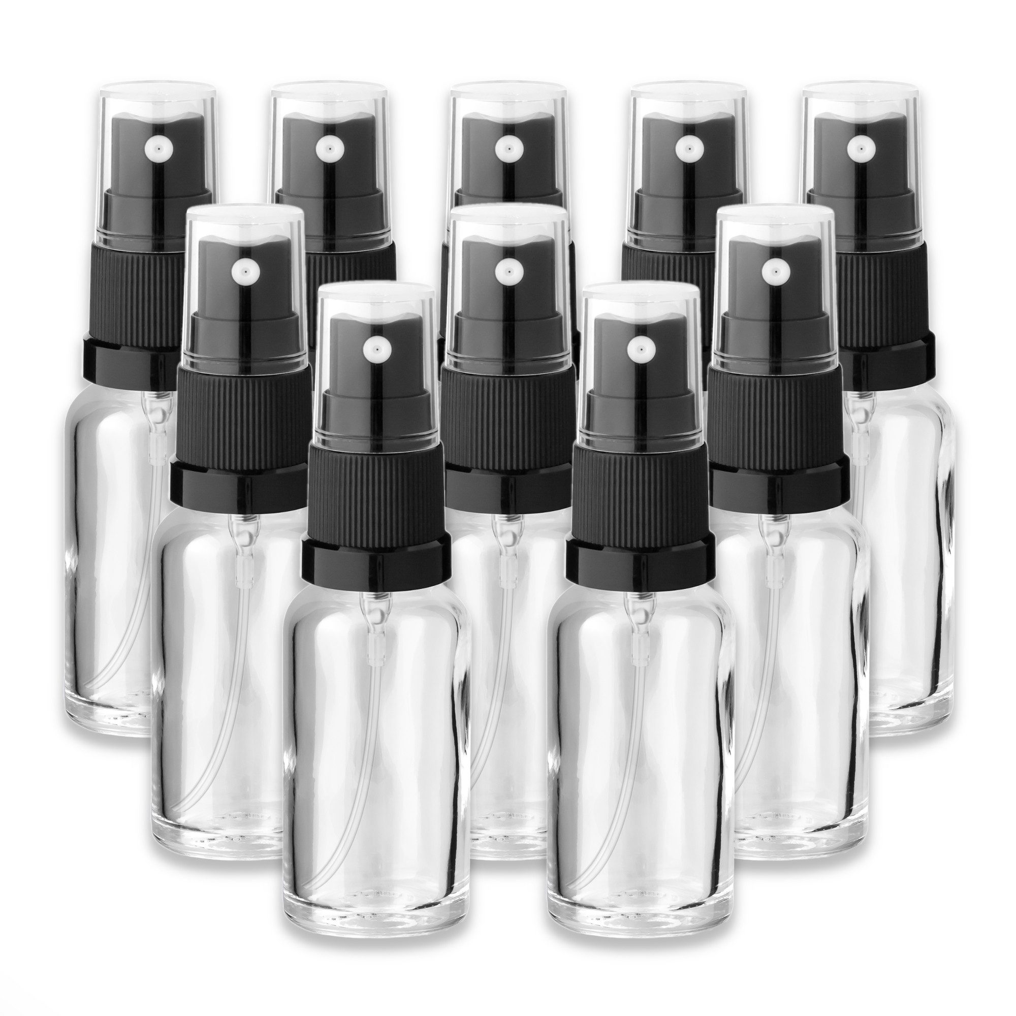 CK Verpackung GmbH Zerstäuberflasche 10x Klare Glasflasche 20 ml mit schwarzem Zerstäuber Sprühkopf Spray (Set x10)