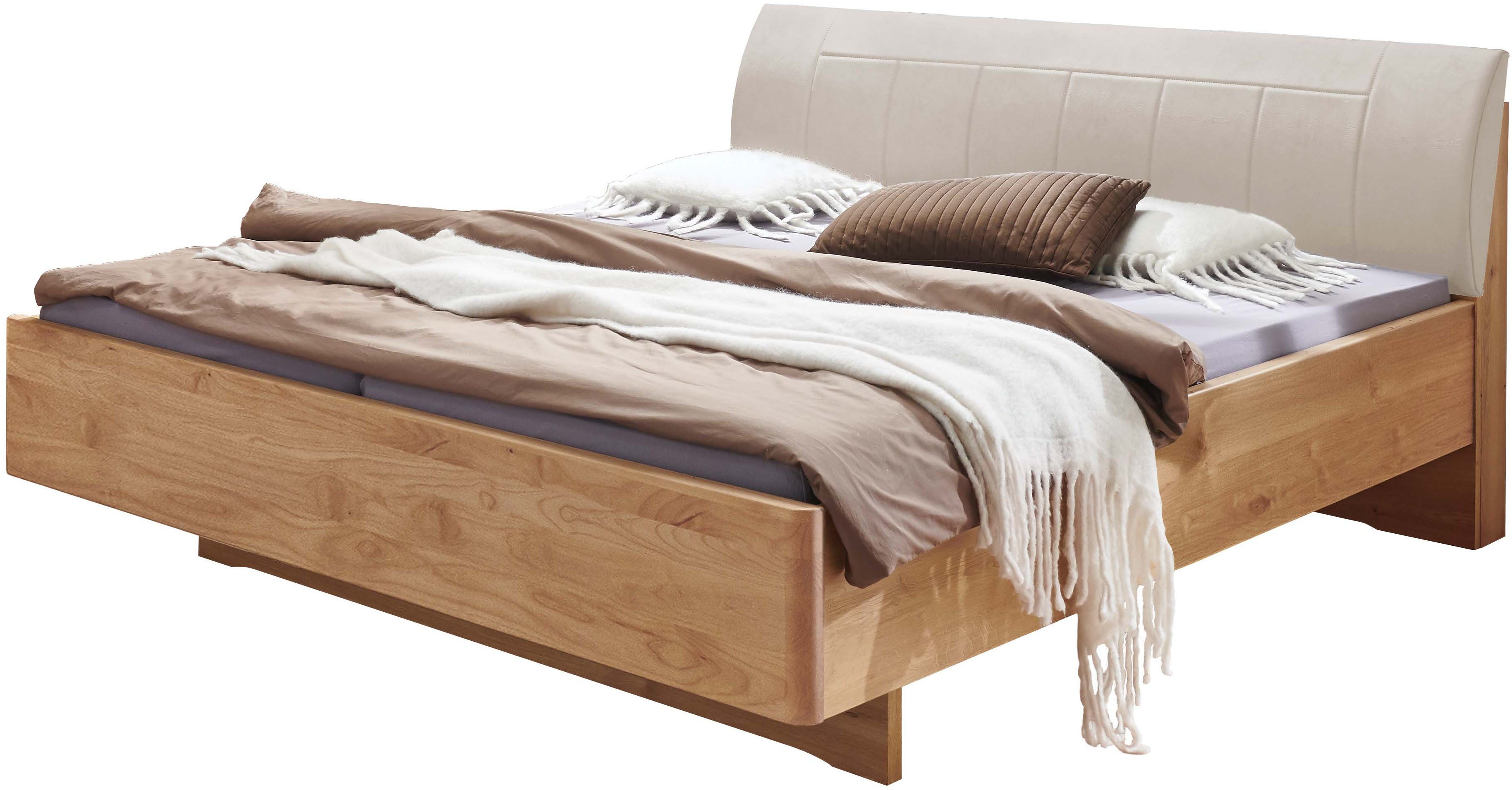 WIEMANN Holzbett Cardiff, Bettgestell, Bettrahmen, teilmassiv, mit Polsterkopfteil (Belastbarkeit 110/220 Kg, 4-fache höhenverstellbar, MADE IN GERMANY), Fußteil aus Massivholz, verschiedene Größen