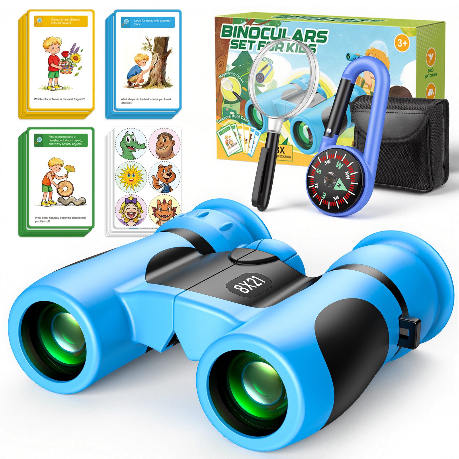 Wootoy Kinderfernglas 8x21 Entdeckerset Outdoor-Spielzeug Fernglas (mit Fernglas Lupe Kompass, 25 Wissenskarten und praktischem Zubehör)