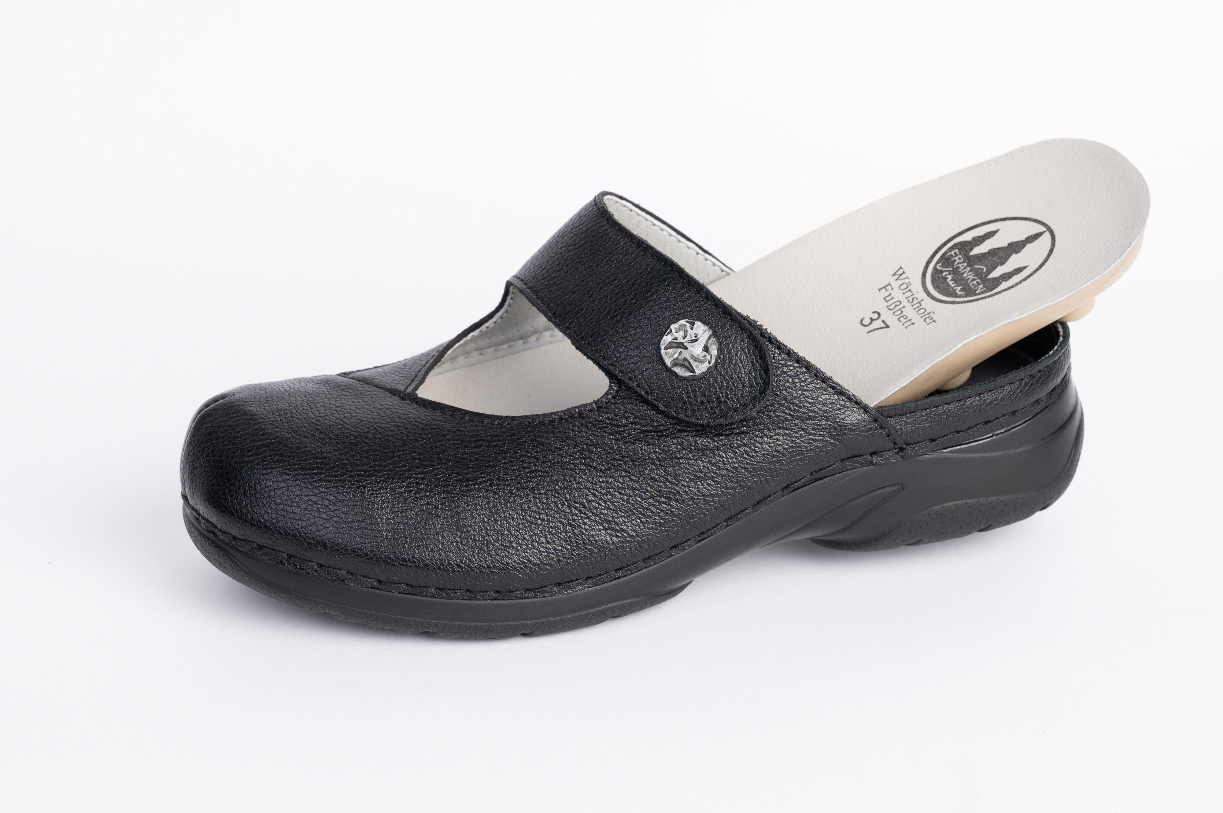 Franken-Schuhe Modell 101-1 Farbe: schwarz Damen Pantolette (geschlossen, Clogs, STRETCH für Hallux, Comfortweite, lose Einlage)