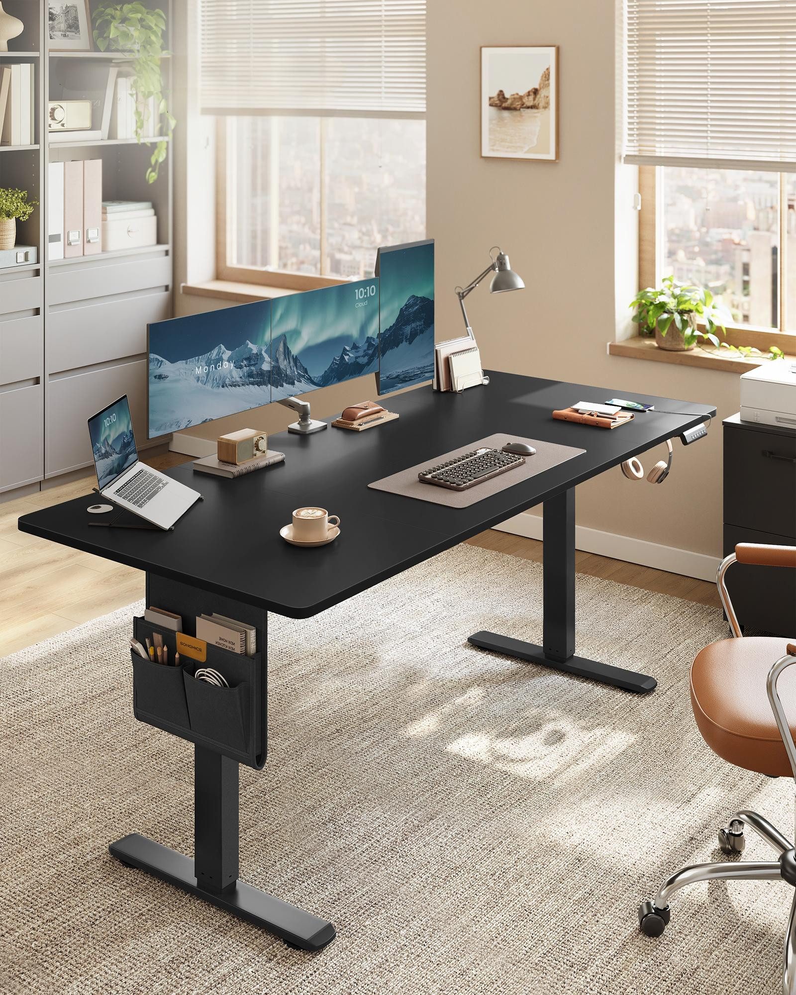 SONGMICS Schreibtisch Höhenverstellbarer elektrisch, 100/120/140/160/180 cm, USB-C-Anschluss, Memory-Funktion für 4 Höhen, mit Stoff-Organizer