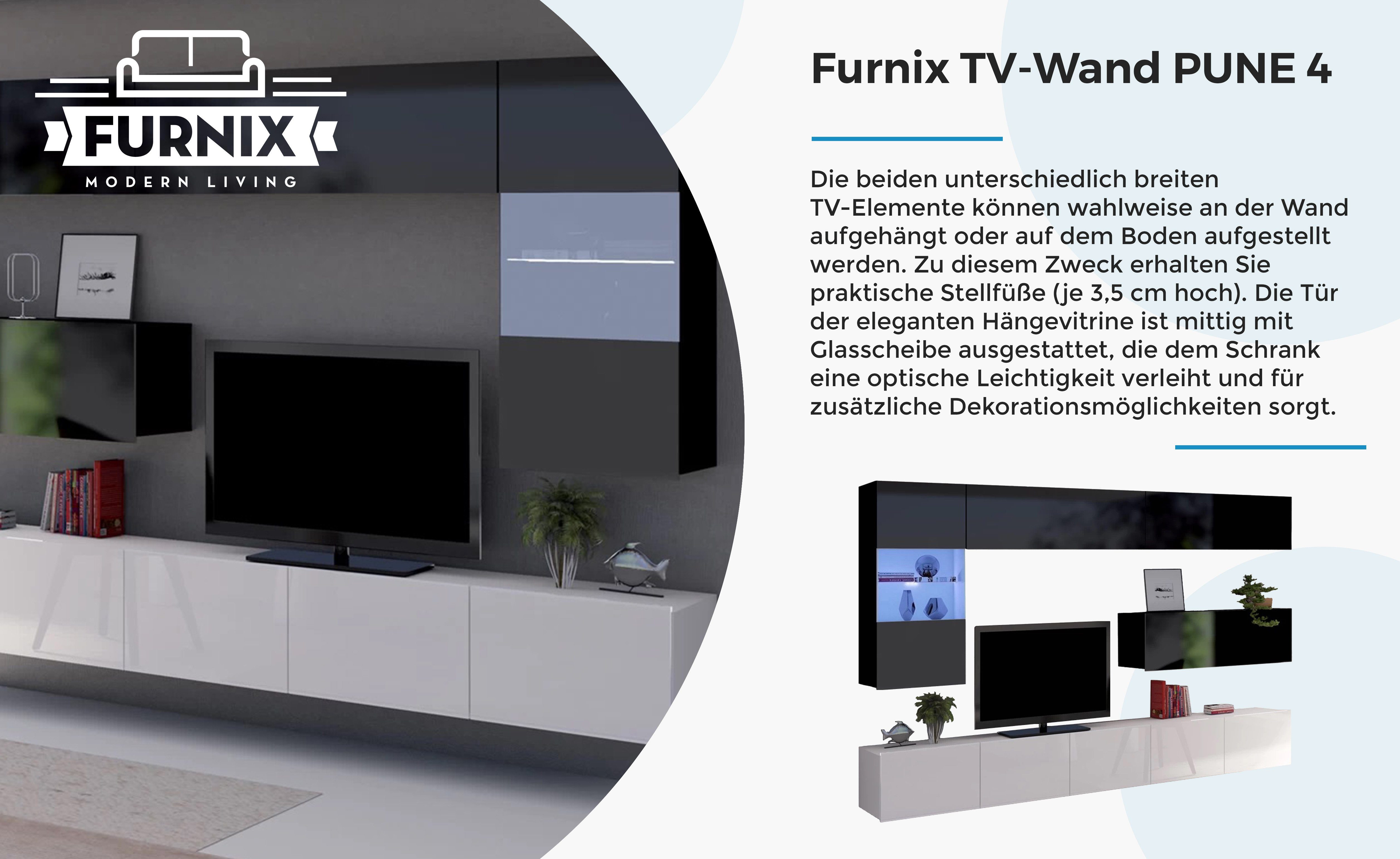 teilig Glanz m Furnix 6 PUNE 4 260017652787 Breite Mediawand, Weiß/Schwarz Auswahl, Möbelwand, 2,55 cm, Hochglanz TV-Wand Wohnwand