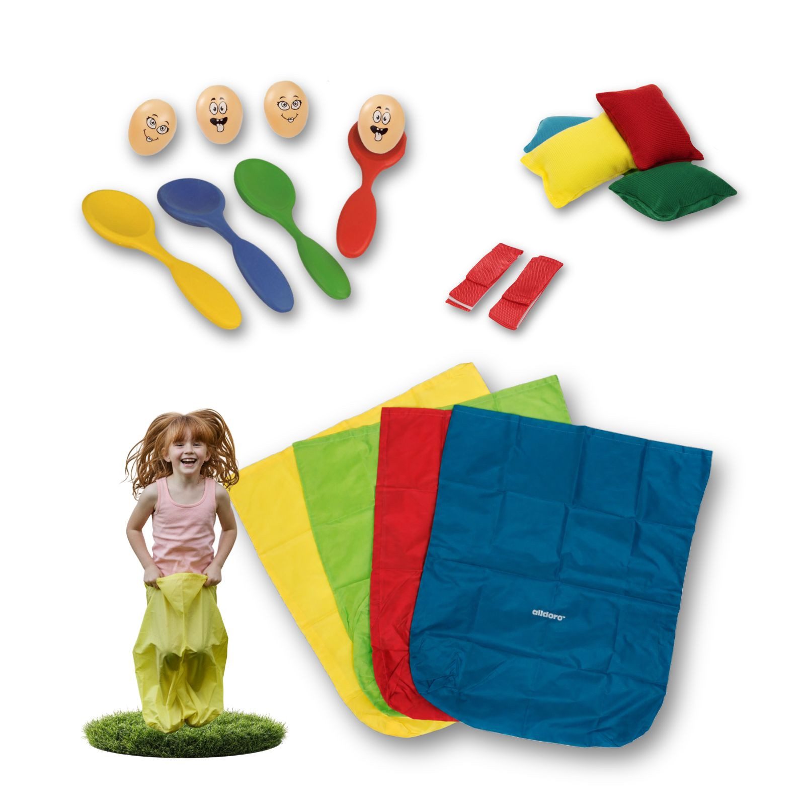 alldoro Spielesammlung Partyspiele Set für Kinder, Spielesammlung für Kindergeburtstag, 18-teilig mit Sackhüpfen, Eierlauf, Säckchen werfen und Dreibeinlauf