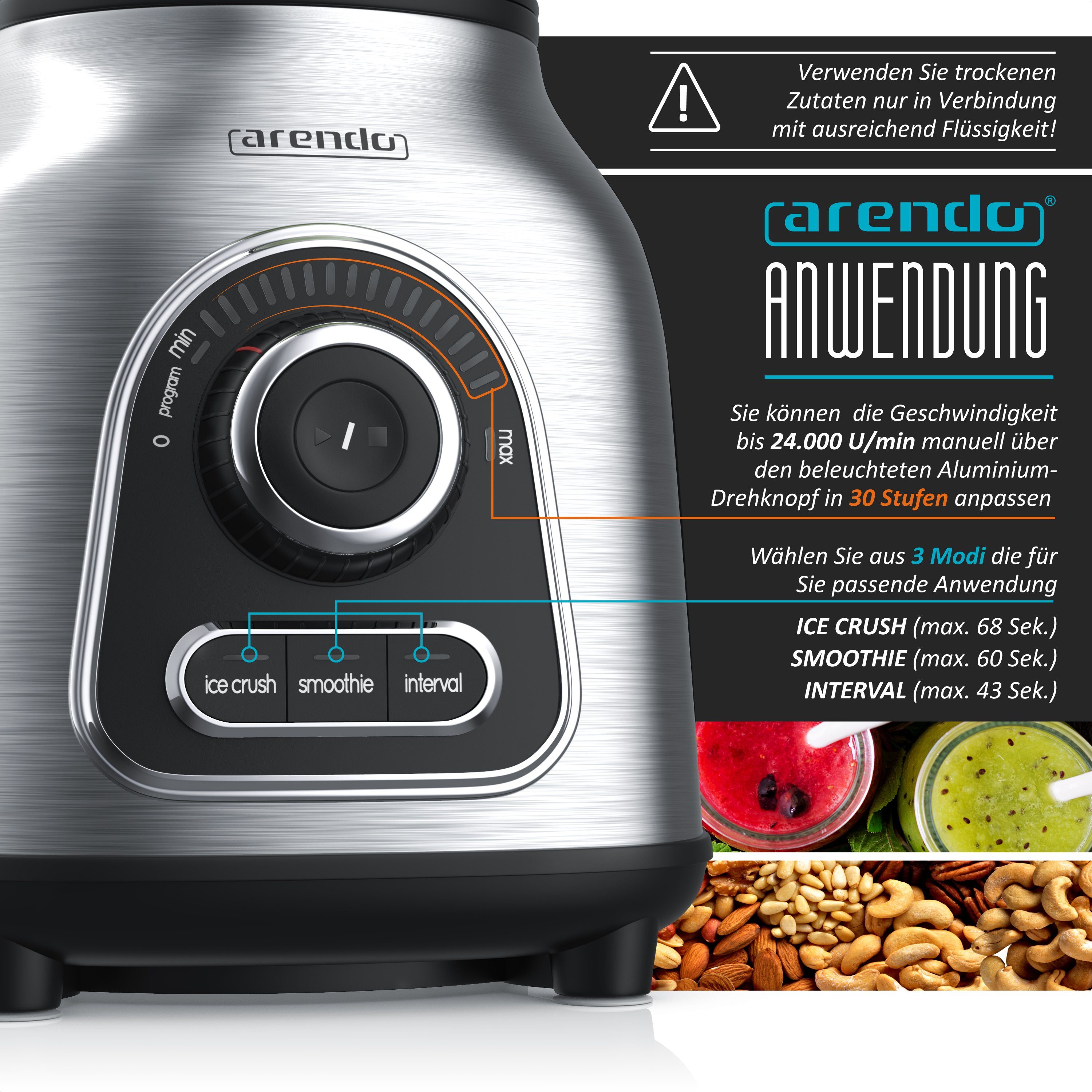 Arendo Standmixer Edelstahl Power Mixer, Hochleistungsmixer, 1,75l Glasbehälter, Blender, 1400 W, Edelstahlmesser, 10 Leistungsstufen, Impulsfunktion Hochleistungsmixer