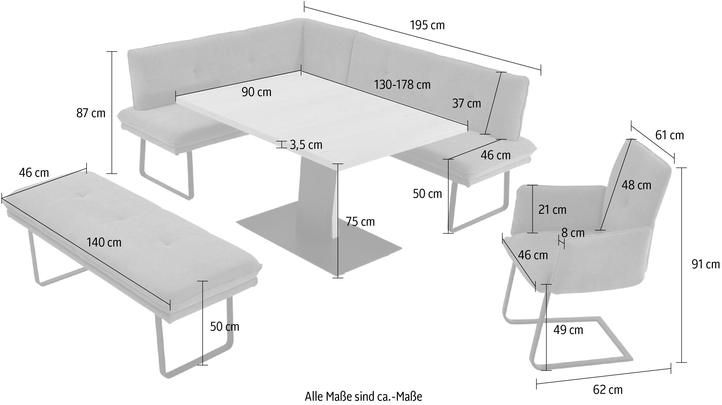 links Schenkel oder Essgruppe III, Freischwingersessel grau Komfort (4-tlg), Wohnen 207cm, langer K+W wahlweise Giacomo & rechts