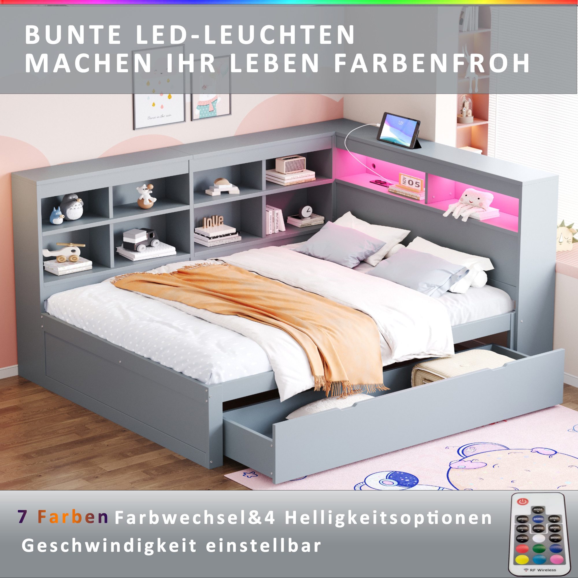 Flieks Massivholzbett, LED Doppelbett 140x200cm mit Stauraum, USB-Aufladen und Schublade – Bild 4 von 5