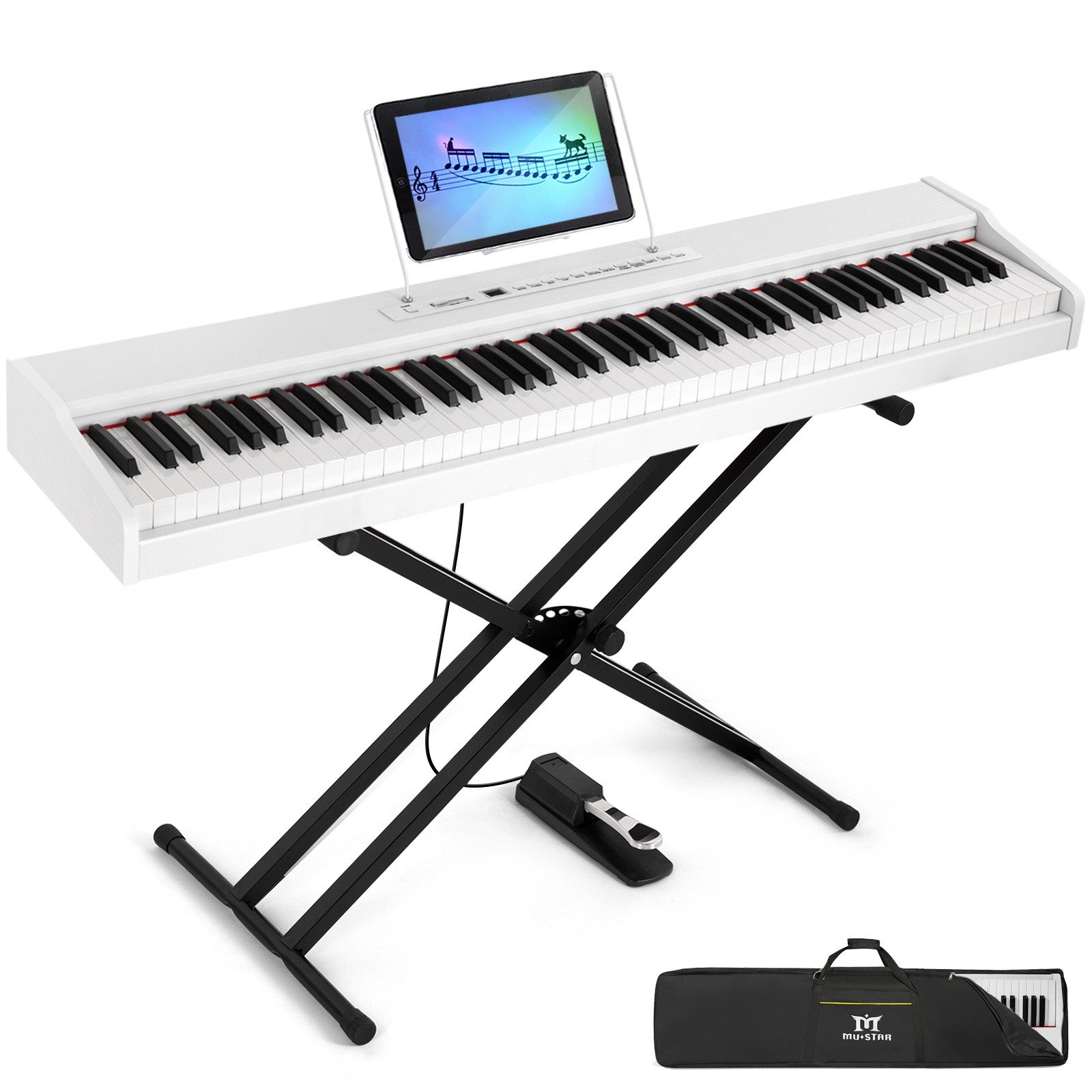 MUSTAR Digitalpiano 88 Halbgewichtete Tasten mit Ständer, Volle Größe 88 Tasten Klavier (ohne Pianobank), Tragbares E-Piano mit Kabelloser Verbindung, Koffer & Sustain-Pedal