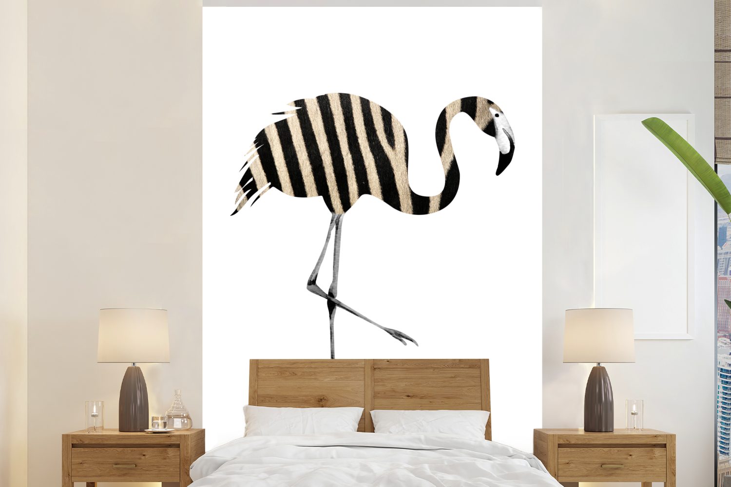 MuchoWow Fototapete Flamingo - Zebra - Schwarz und weiß, Matt, bedruckt, (3 St), Montagefertig Vinyl Tapete für Wohnzimmer, Wandtapete