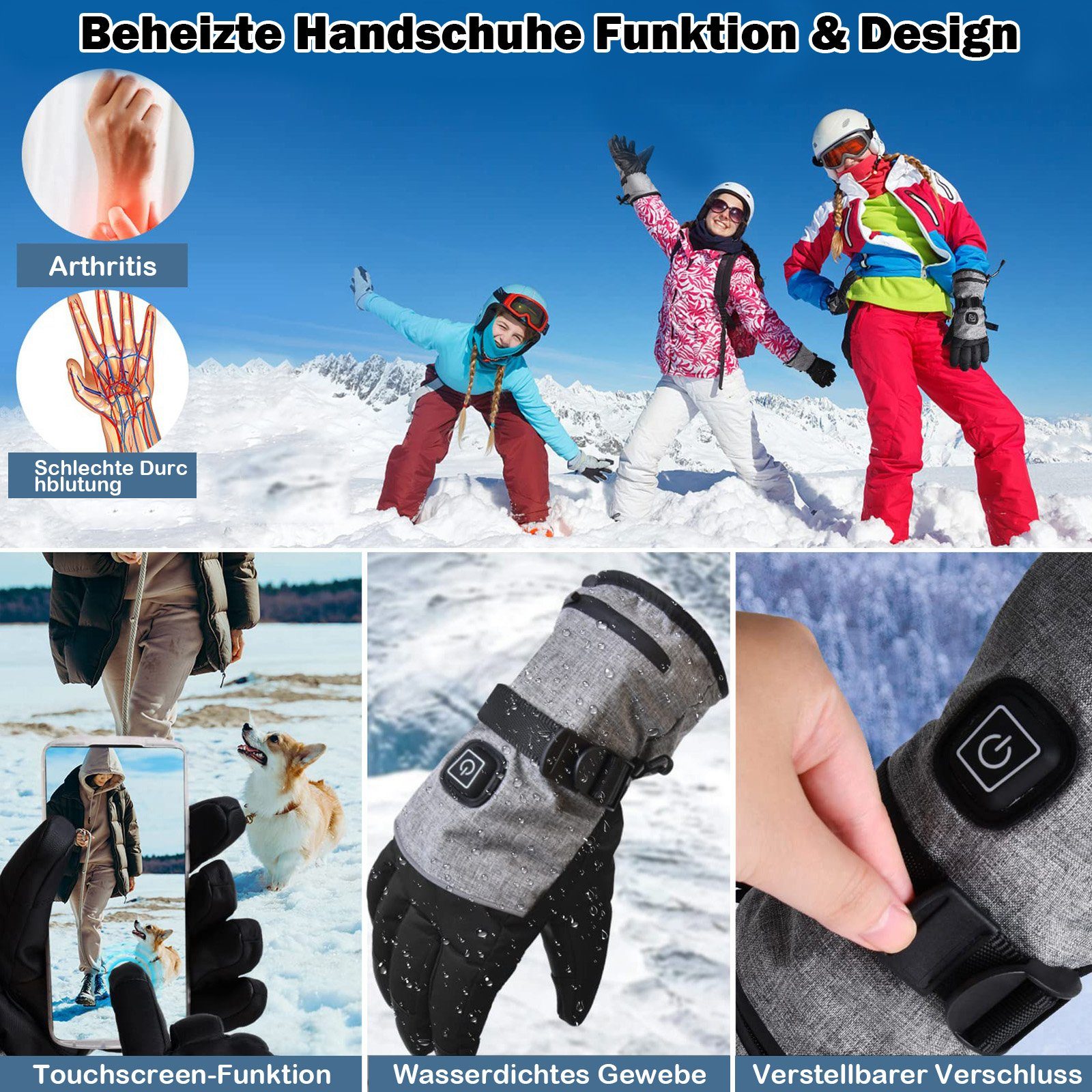 BTTO Hsch. Fahrradhandschuhe Winter Handschuhe Beheizte 3AA-Batterie Touchscreen-Handschuhe Wasser Sporthandschuhe 3 Temperatur Thermo Handschuhe für Damen&Herren