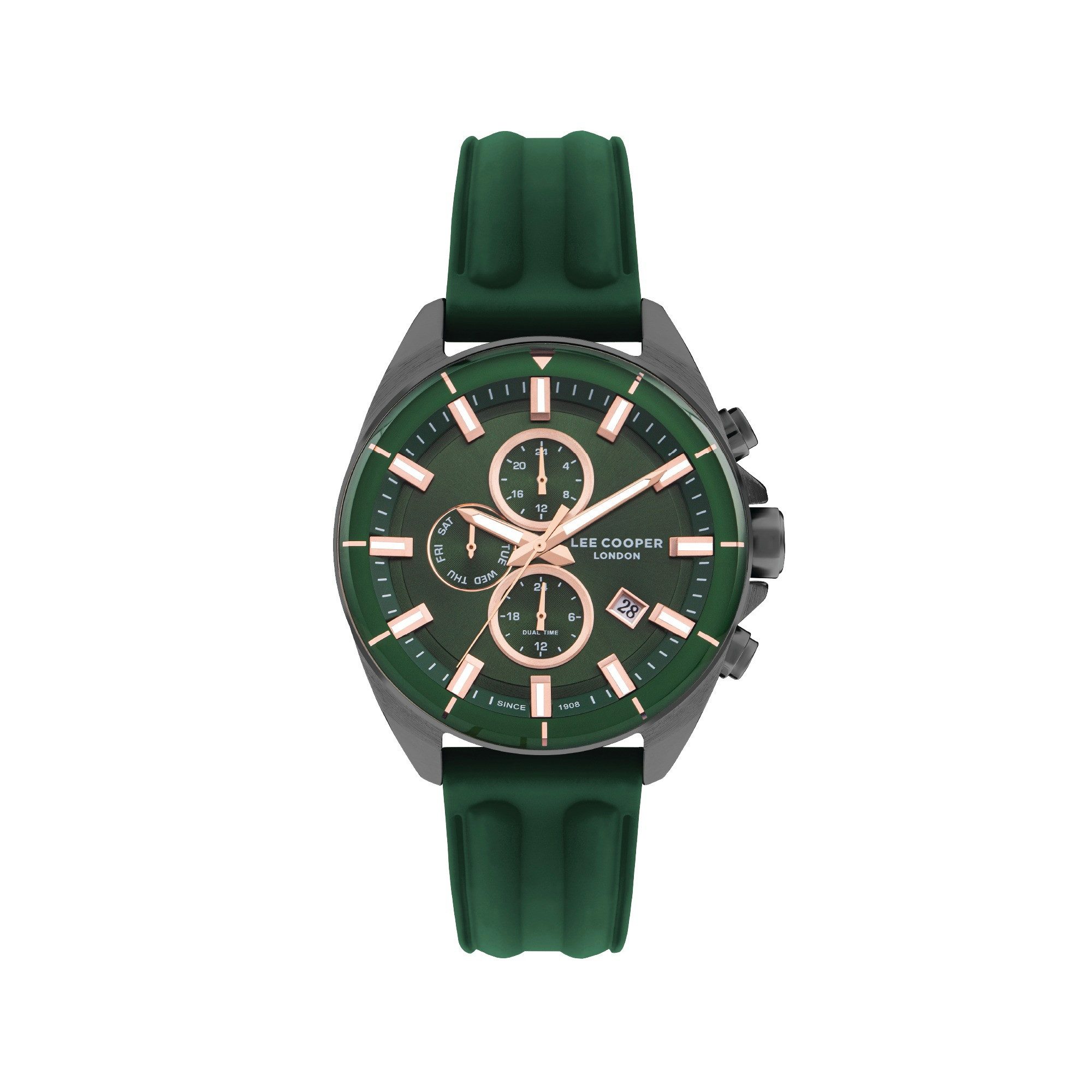 Lee Cooper Multifunktionsuhr Herrenuhr Sport mit Silikonarmband, 46 mm – Geschenk für Männer grünes Zifferblatt, anthrazit – LC07881.077, Datum, Mineralglas, 5 ATM, inkl. Geschenkbox