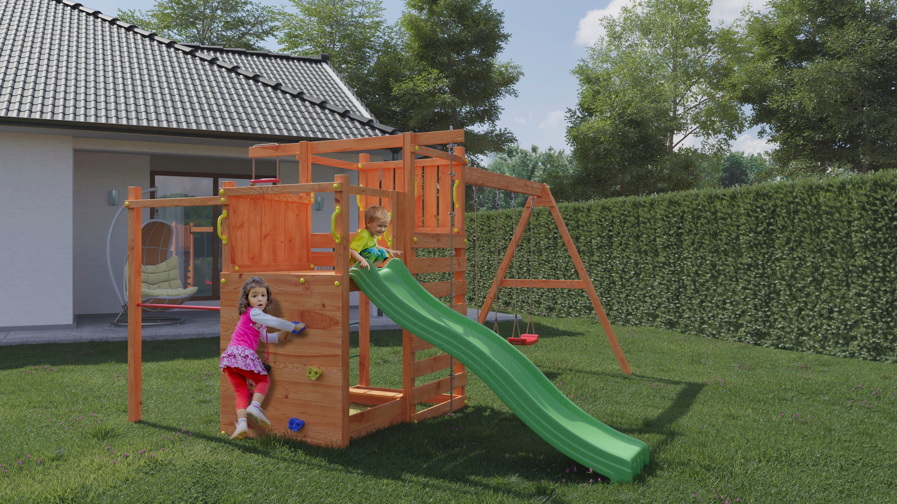 FUNGOO Spielturm Climbing Star 3, mit Schaukel & Rutsche, Klettererweiterung