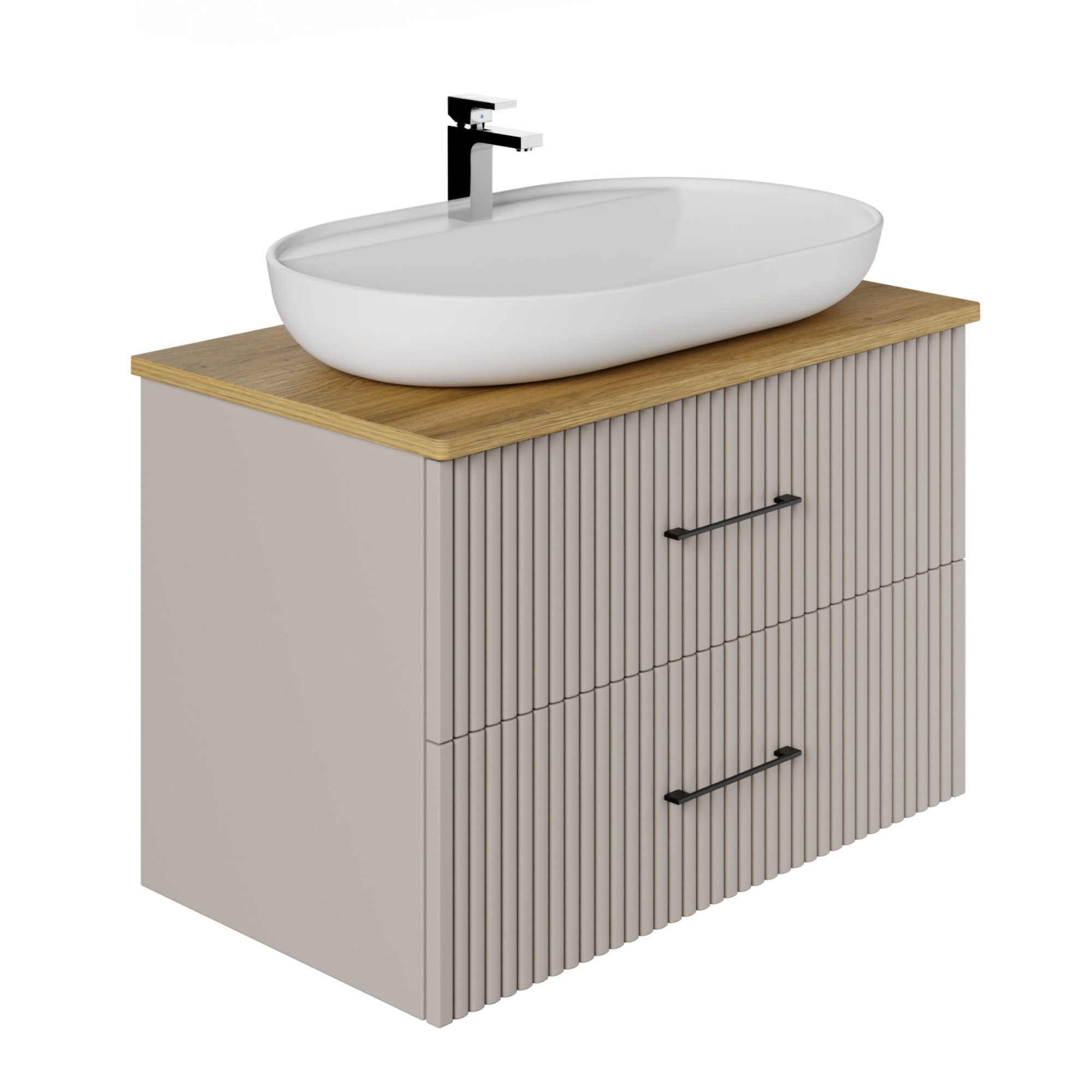 Karen Waschtisch-Set Waschtisch mit Unterschrank Liana, (Komplett-Set, Standartmäßig 3-Teilig (Unterschrank, Konsole, Waschbecken), 3-St., Der Lieferumfang umfasst Unterschrank, Konsole und Waschbecken), Pastellfarben, Riffeloptik, Bügelgriffe, Softclose