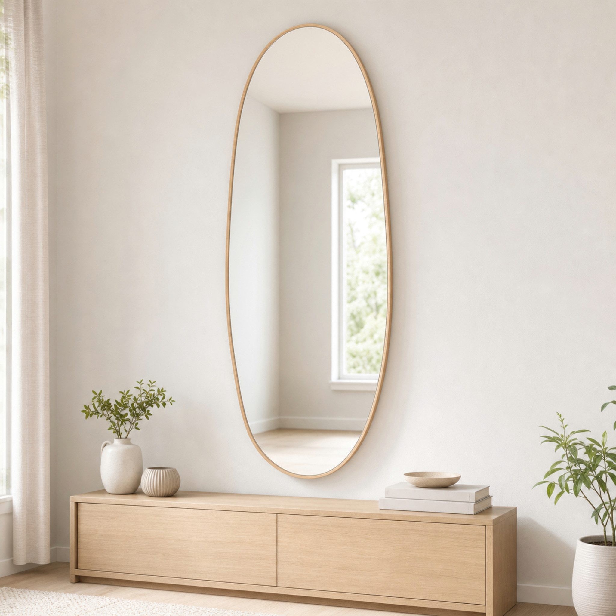 Kubus Wandspiegel Mina Organischer Design-Spiegel Aluminium Holzoptik 65 x 150 cm, gehärtetes Spiegelglas, rückseitige Sicherheitsfolie