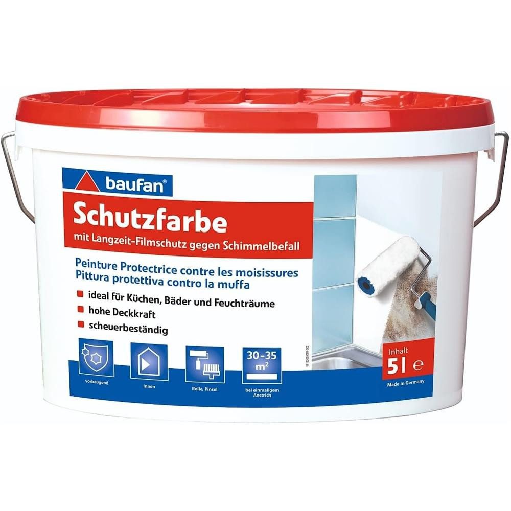 baufan® Wandfarbe Schutzfarbe Langzeit-Schutzfilm für schimmelgefährdete Flächen 0,75-5L, Hohe Deckkraft + Einfache Verarbeitung