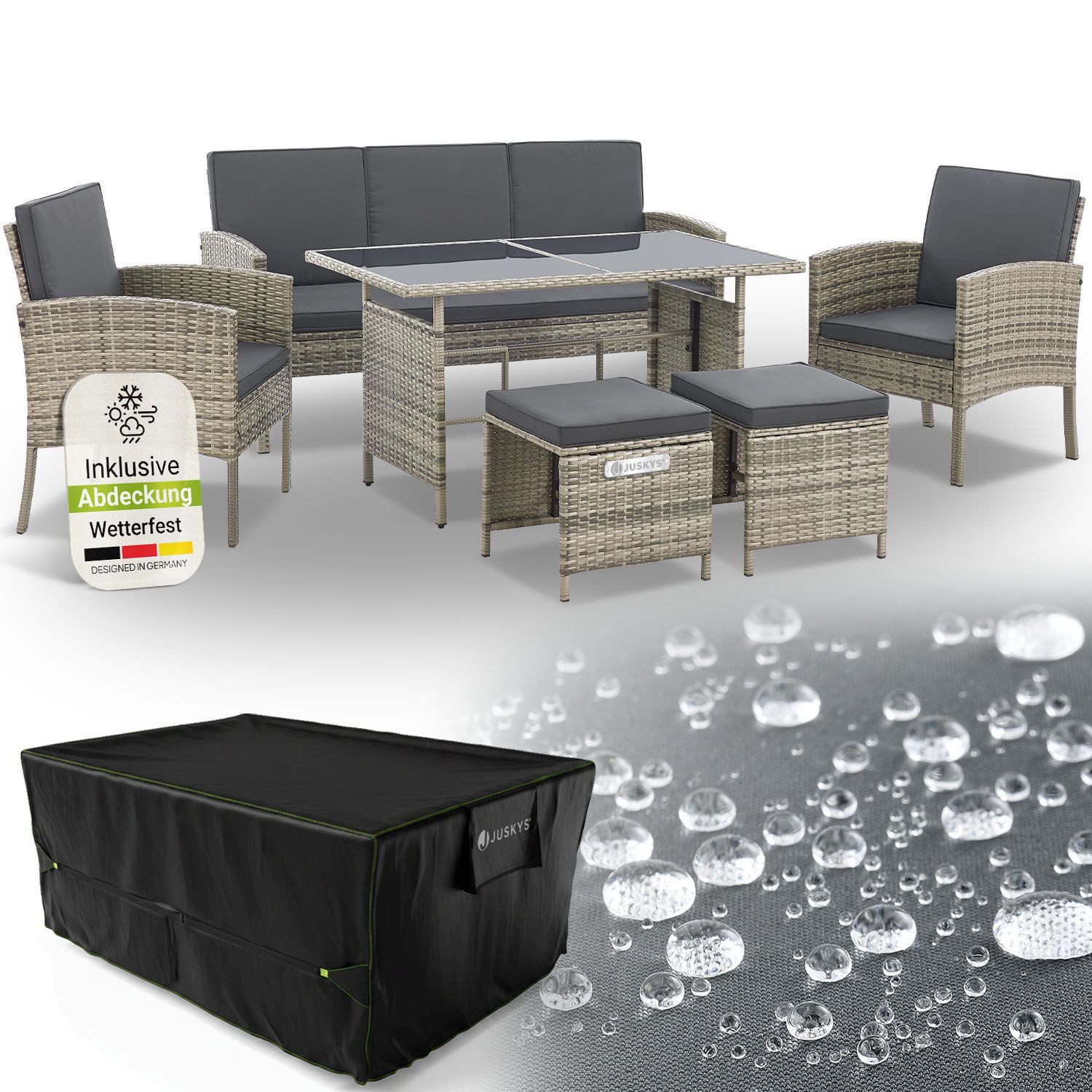 Juskys Gartenlounge-Set Turin, (6-tlg), Polyrattan Sitzgruppe für 7 Personen, Gartenmöbel inkl. Abdeckung