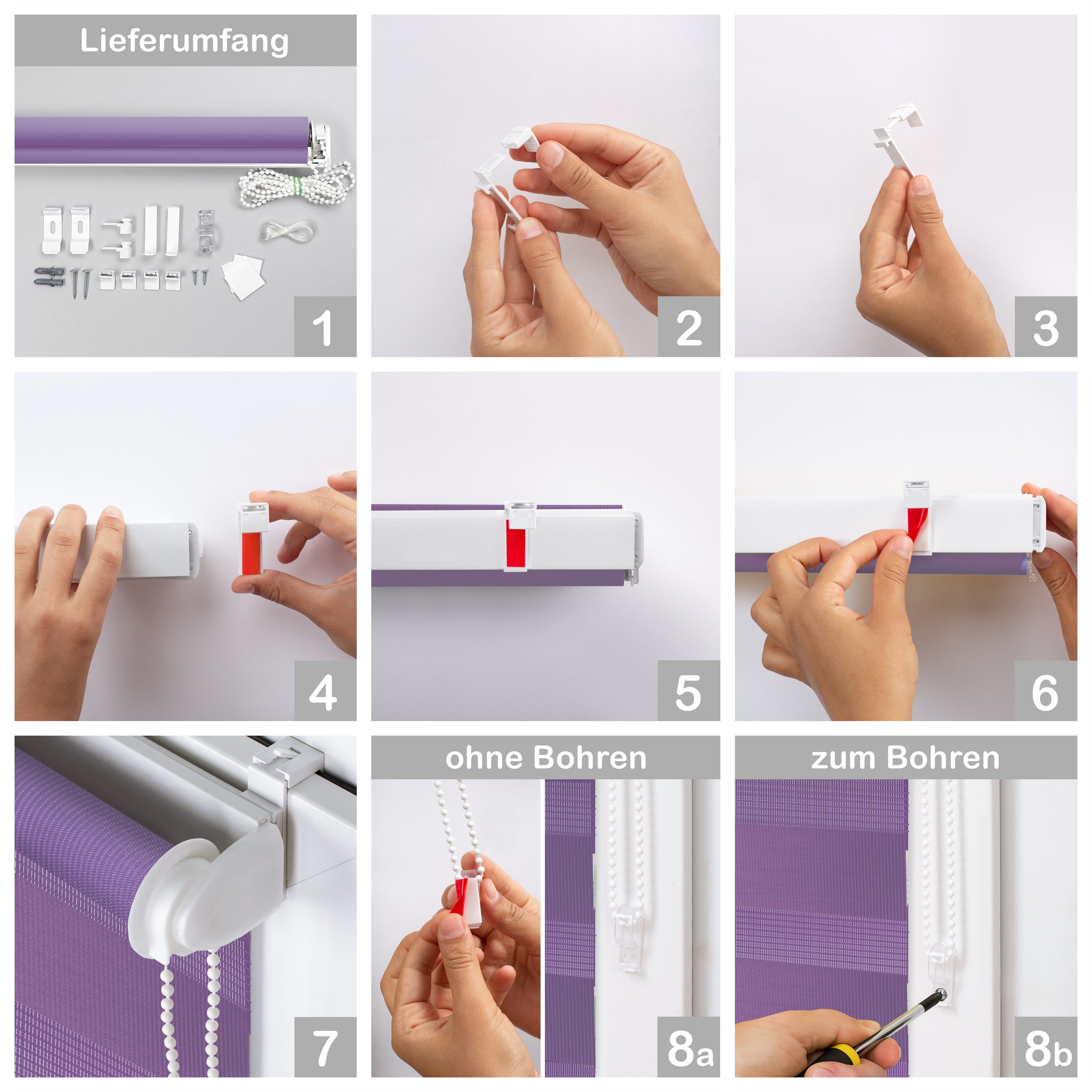 Doppelrollo Klemmfix ohne Bohren, Tag-Nacht-Rollo mit Sichtschutz, Lila, DomDeco, Klemmfix, Klemmbar, Kettenzug, ohne Bohren, Sicht- und Blendschutz