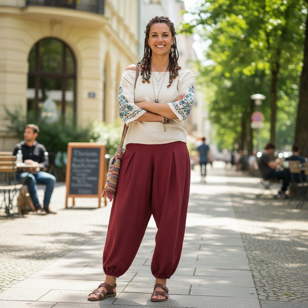 Guru-Shop Relaxhose Boho Pluderhose, Muckhose, Haremshose - dunkelrot Ethno Style, alternative Bekleidung