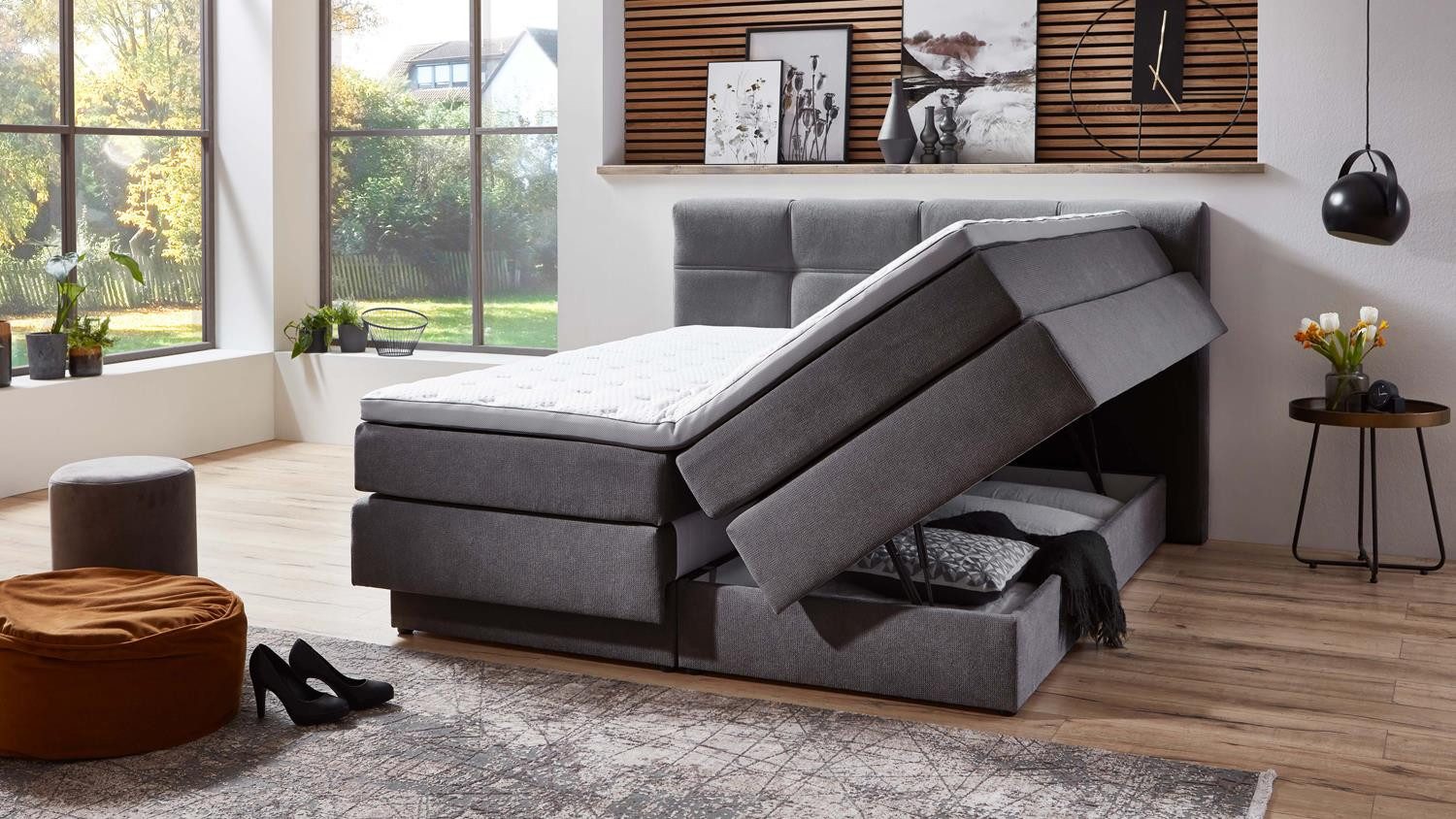 Sun Garden Boxspringbett Boxspringbett Portage grau inkl. Bettkasten Topper 180x200 cm