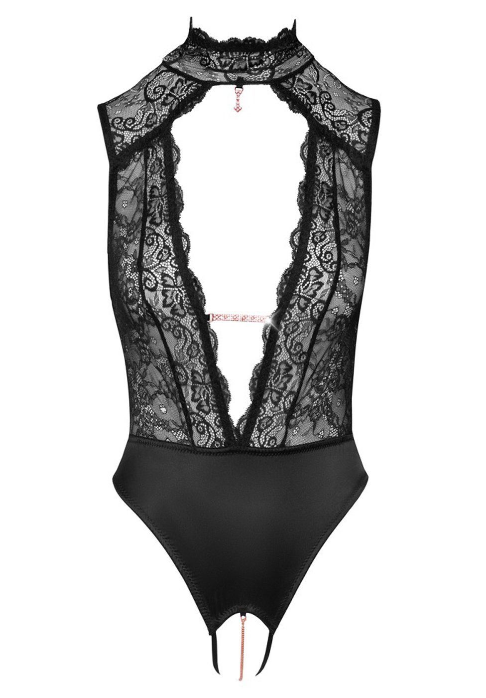 Abierta Fina Body Spitzen-Body mit Ketten - schwarz (1-tlg) mit offenem Schritt