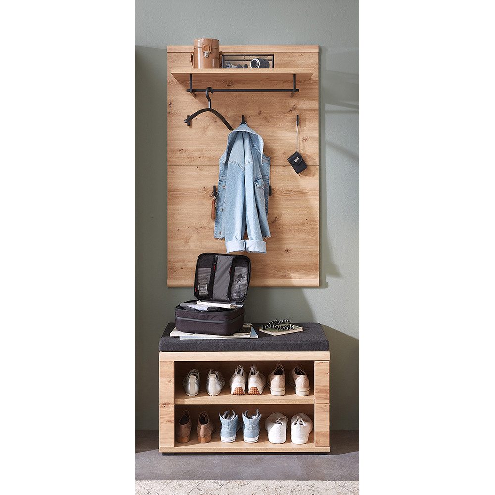 Lomadox Garderoben-Set SARINA-36, (Spar-Set, 2-St), Garderobenpaneel mit Schuhbank, Esche massiv gebürstet