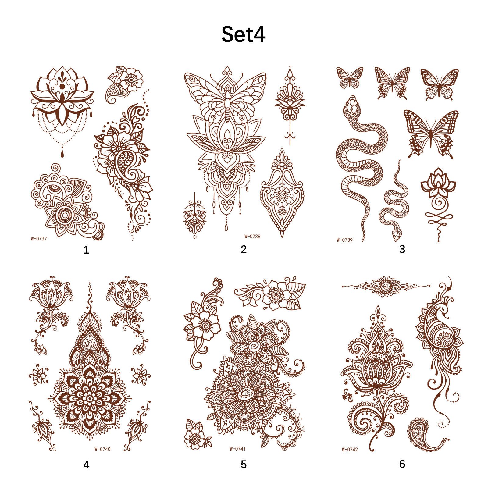 Jumpeak Schmuck-Tattoo Temporäre Tattoos,Henna Tattoo,Tattoos zum Aufkleben,Tattoo Aufkleber, 6-tlg., Temporary Tattoos,Braunrot,Spitze,Wasserfest,Für Erwachsene,6 Stück