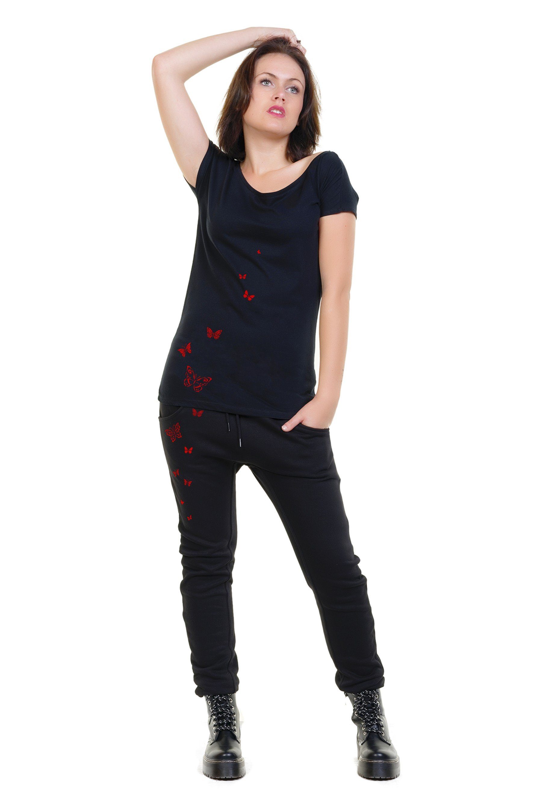 3Elfen Sweatpants Jogginghose Winter Sweathose Damen schwarz Schmetterlingen rot 3Elfen