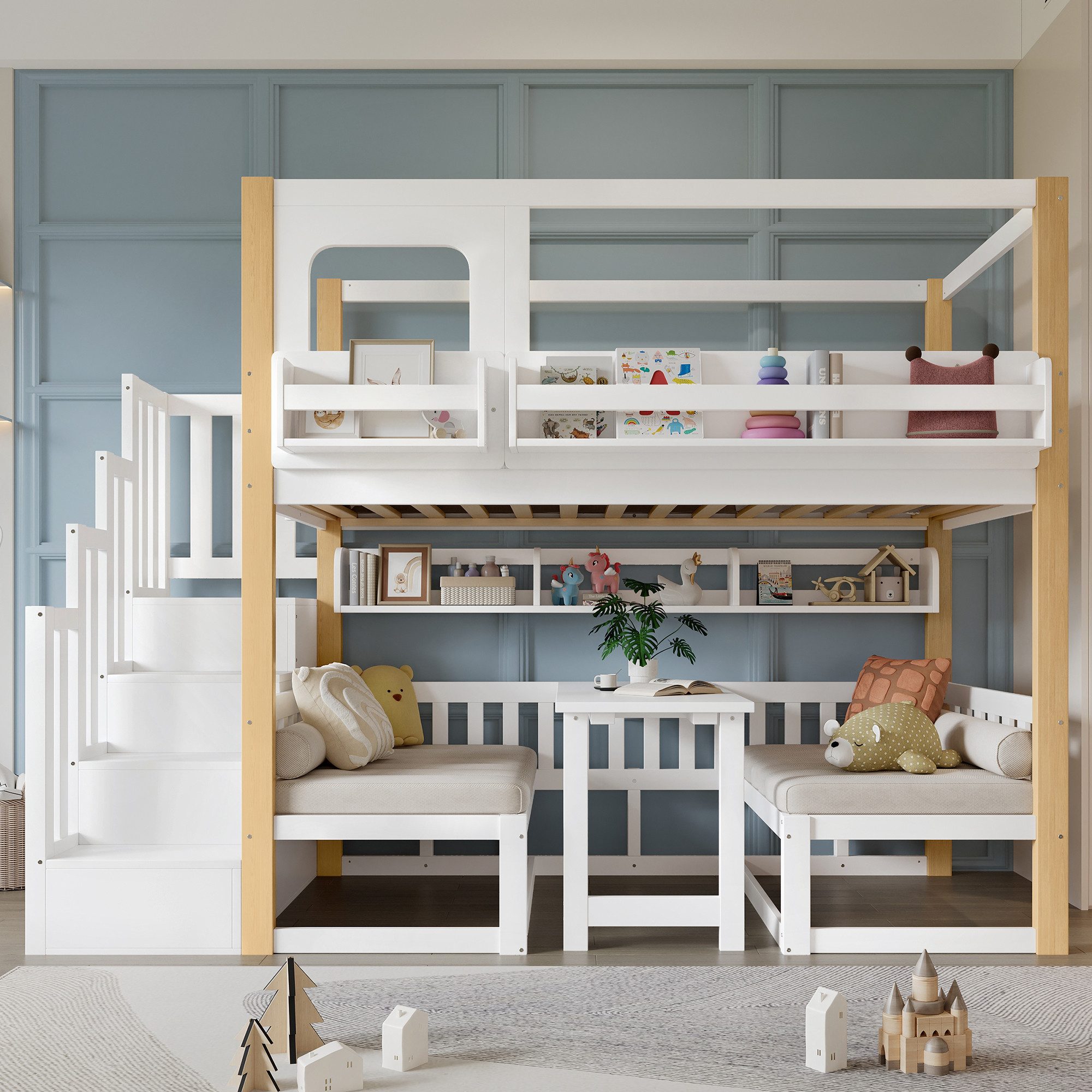 TavilaEcon Hochbett Kinderbett mit multifunktionalem höhenverstellbarem Tisch (1-St) mit Bücherregal und Aufbewahrungstreppe, 90x200cm, Weiß+Natur