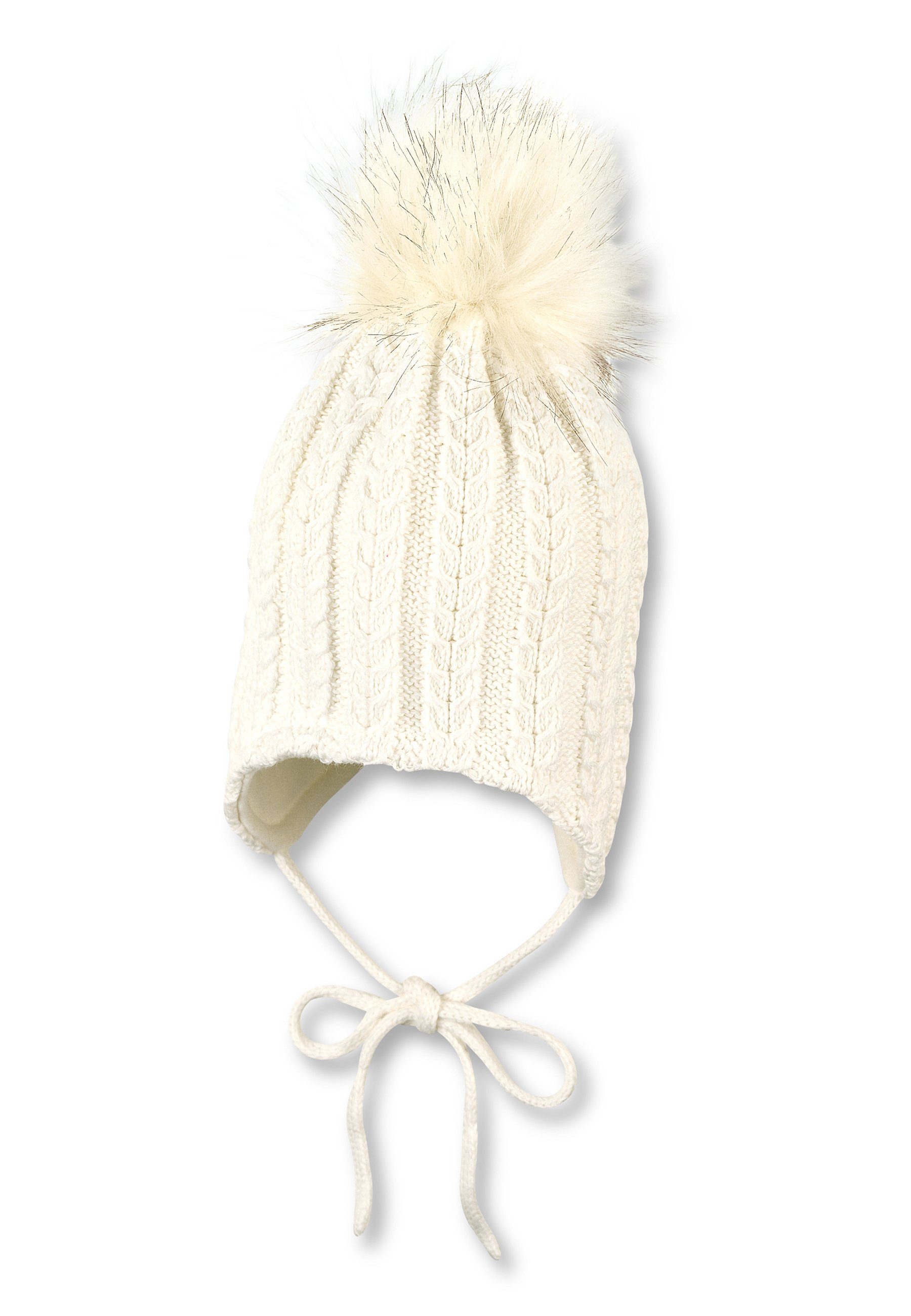 Sterntaler® Strickmütze Strickmütze (1-St., Strick Beanie für Kinder mit Ohrenklappen und Bindebänder) Mütze mit Kunstfell-Pompon mit Zopf-Muster beige Farbe