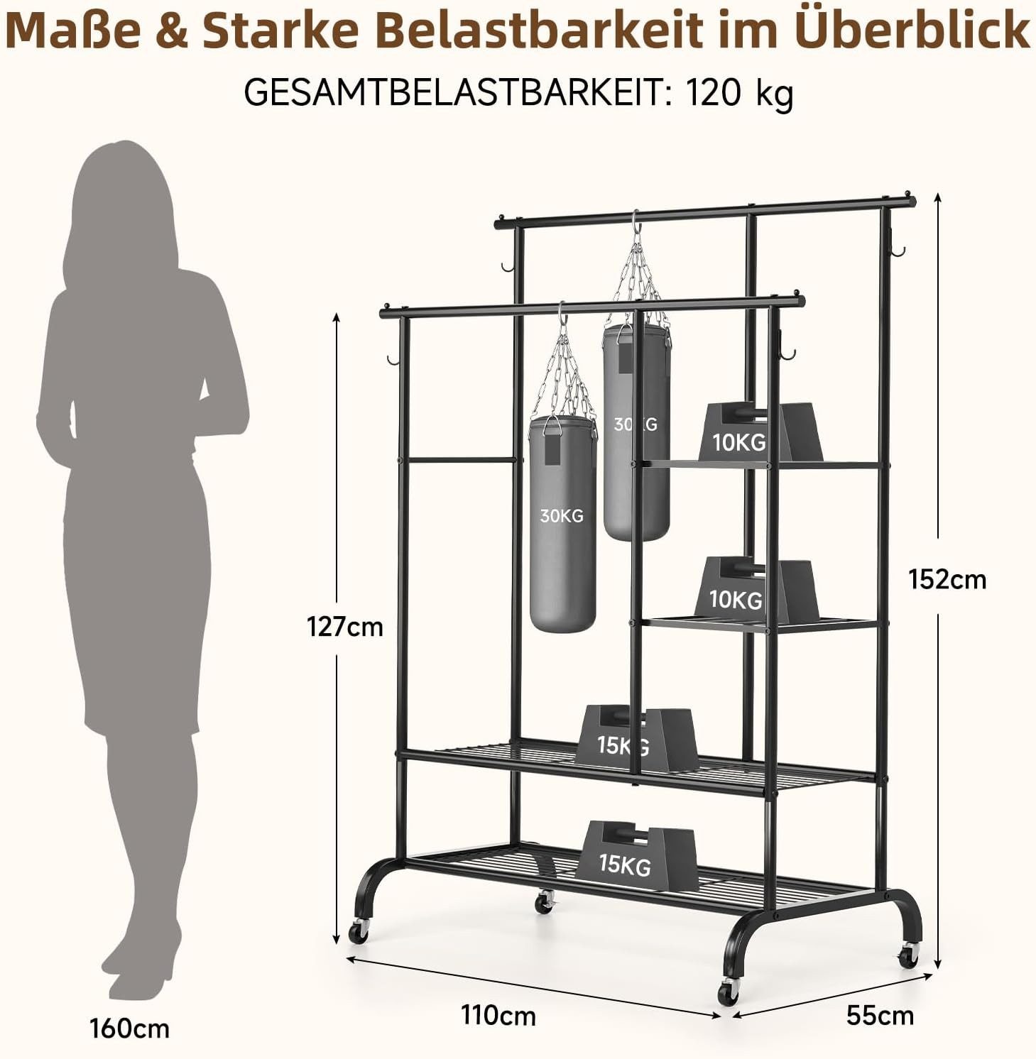 GarveeMore Kleiderständer mit Rollen & 4 Ablagen,Doppel-Kleiderstange aus Ø günstig online kaufen