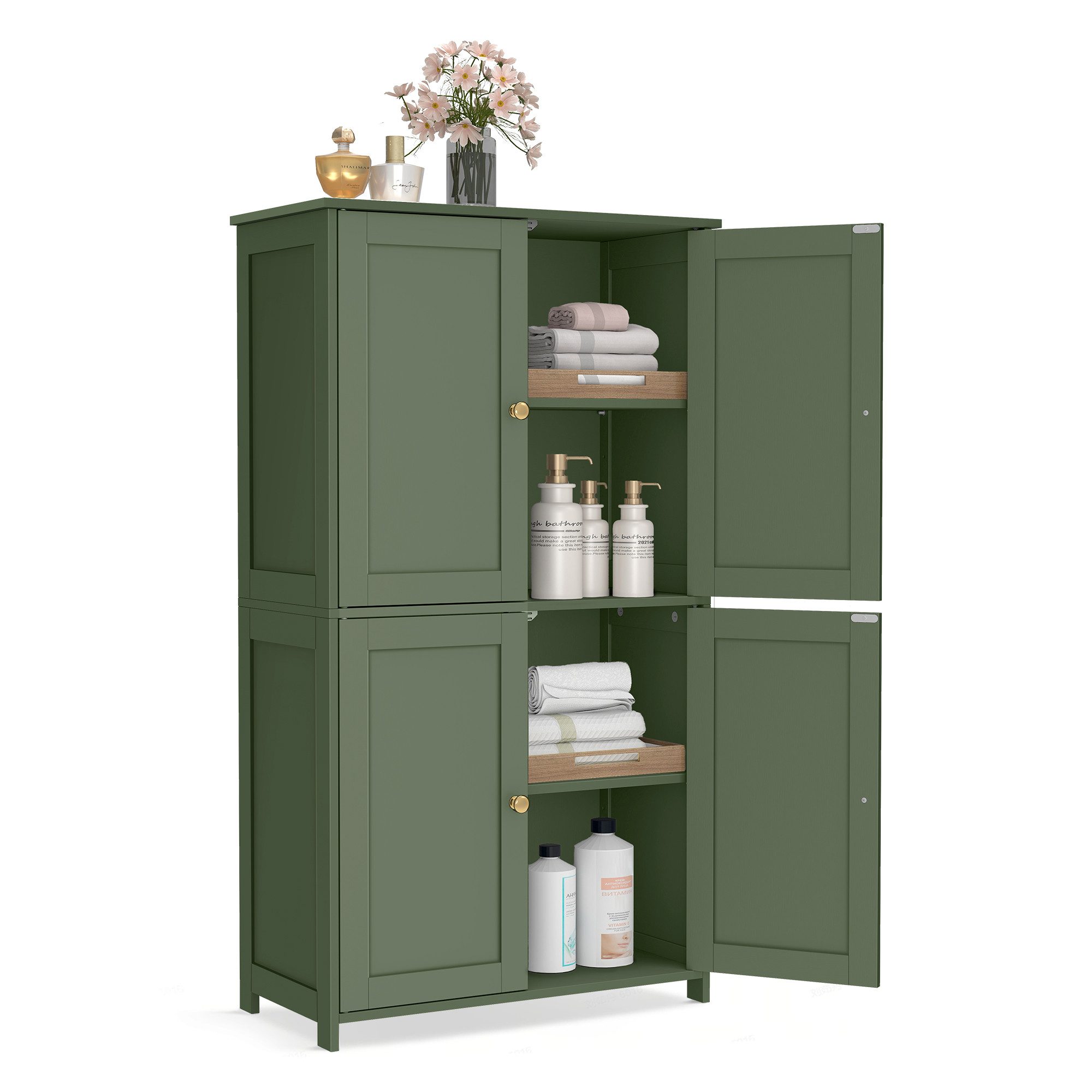 VASAGLE Badkommode Badezimmerschrank, Schrank für Badezimmer, Hochschrank, für Küche, Badschrank im Shaker-Stil, mit 2 verstellbaren Ablagen, 4 Türen