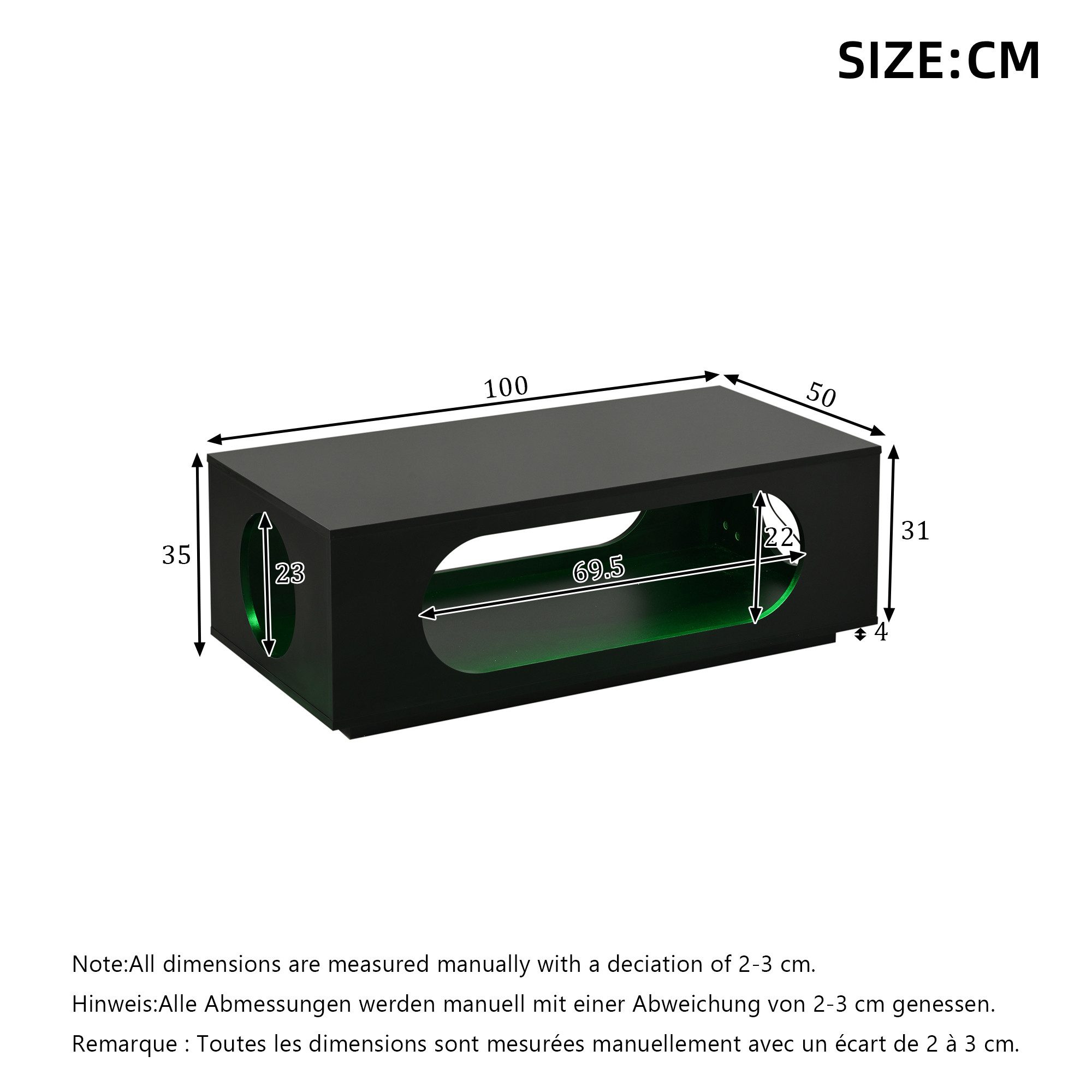 KLAM HOME Couchtisch Weißer Couchtisch 100x50cm mit LED App-Steuerung & Hochglanz (Modernes Wohnzimmer Sofatisch mit großem Stauraum & Kabelmanagement), Hochglänzender Beistelltisch aus MDF mit individueller Lichtsteuerung