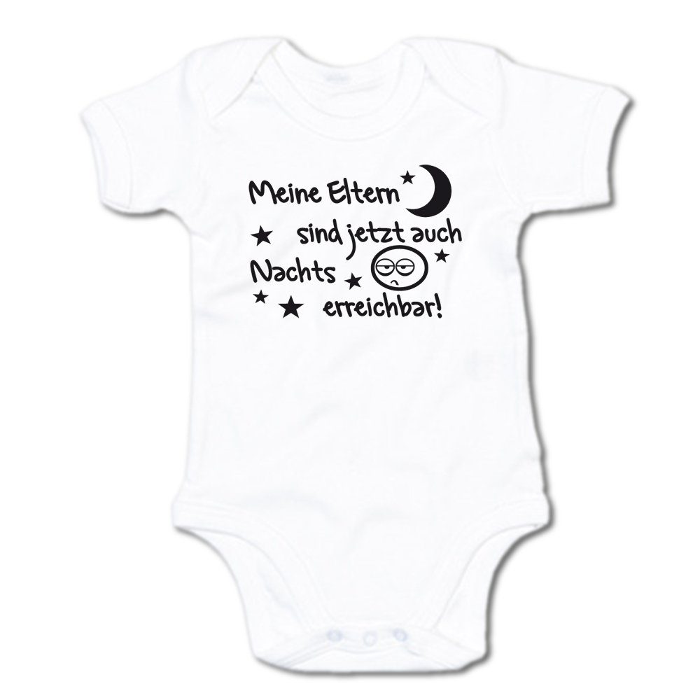 G-graphics Kurzarmbody Meine Eltern sind jetzt auch nachts erreichbar! Baby Body mit Spruch / Motiv / Aufdruck • zur Geburt / Babyparty