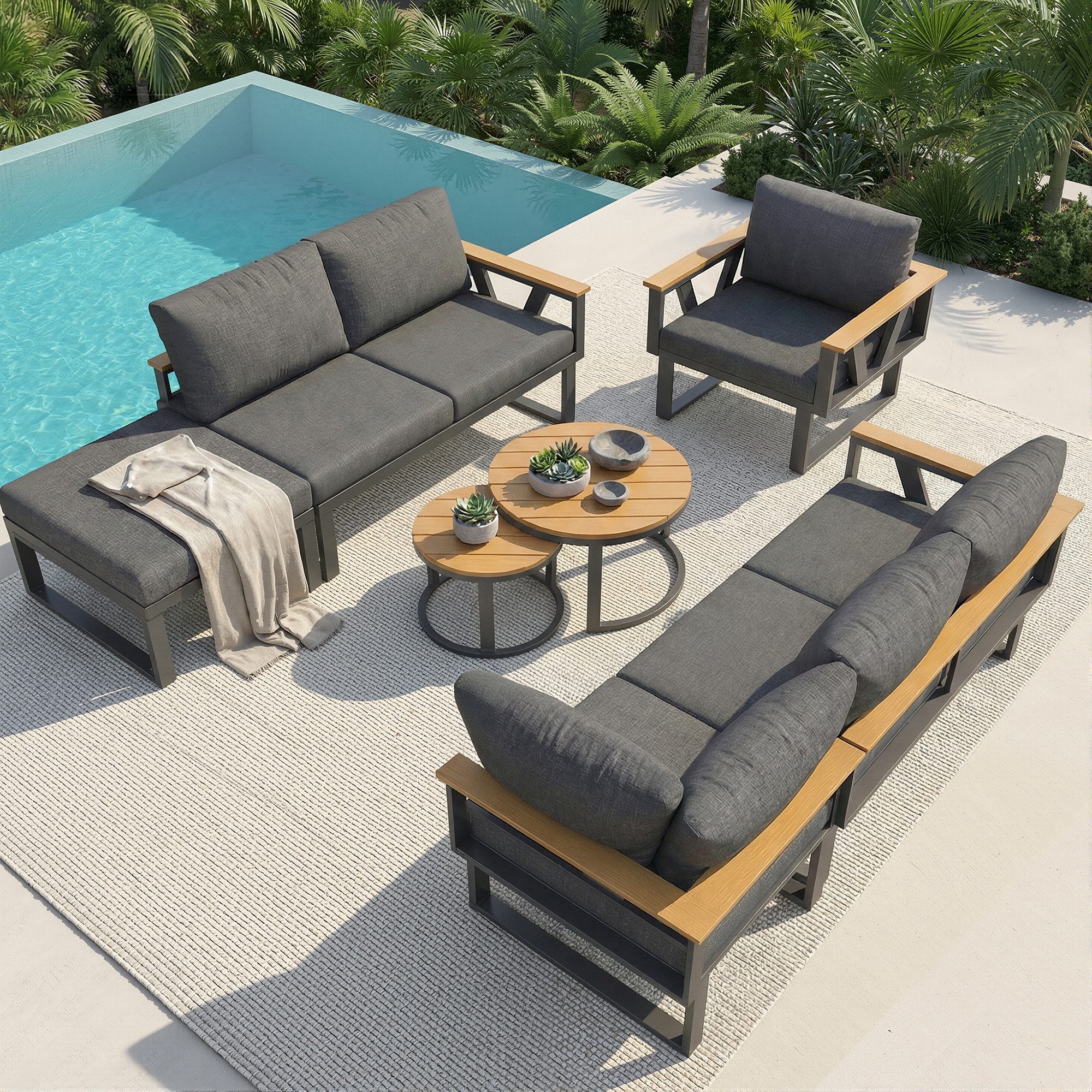 Flieks Gartenlounge-Set, 7-Sitzer Gartenmöbel Sitzgruppe Metall mit 2 stapelbaren Couchtische
