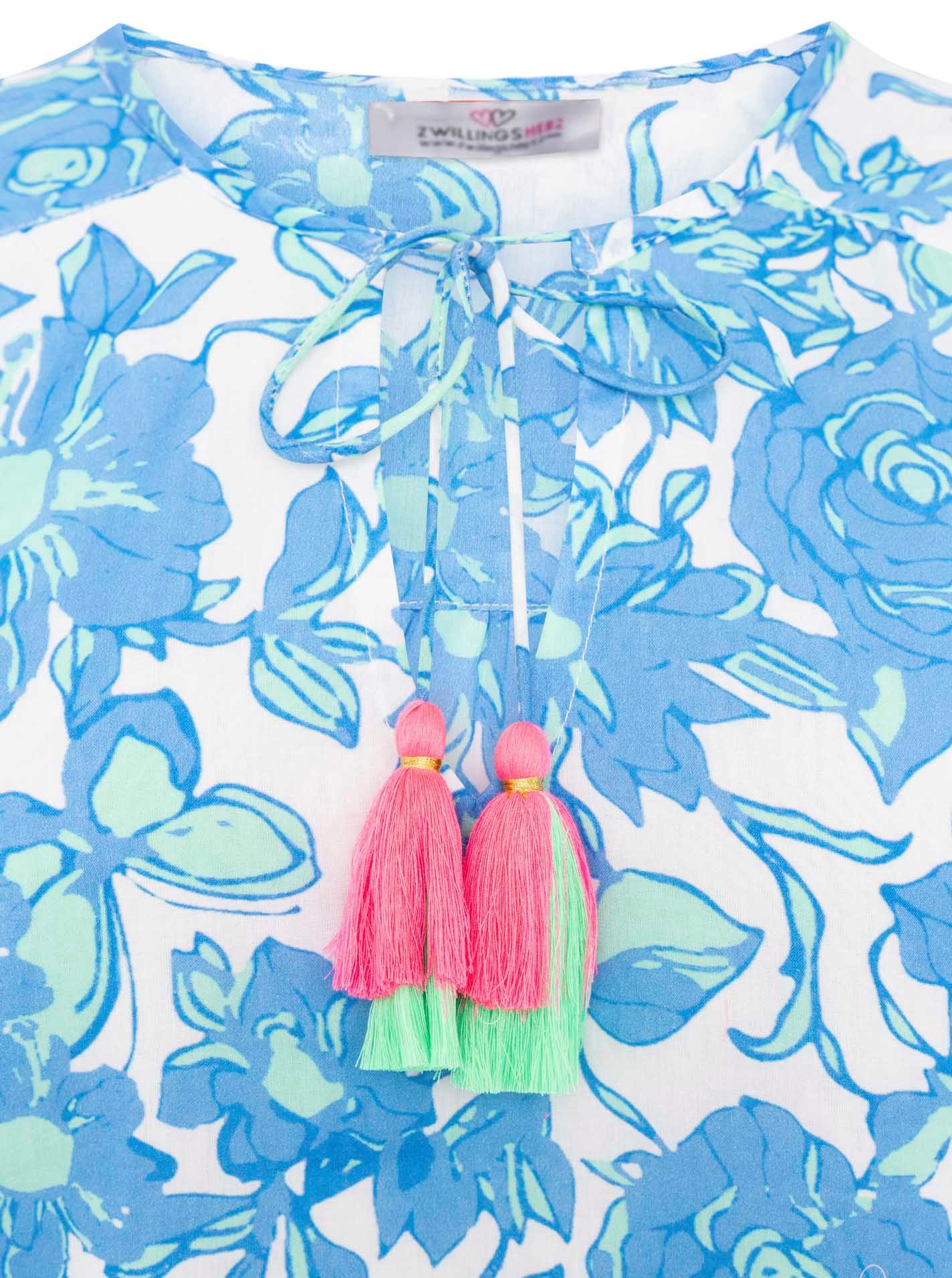 Zwillingsherz Shirtbluse "Schmetterling" mit Blumenmuster, Tasseln und Pom Pom Besatz