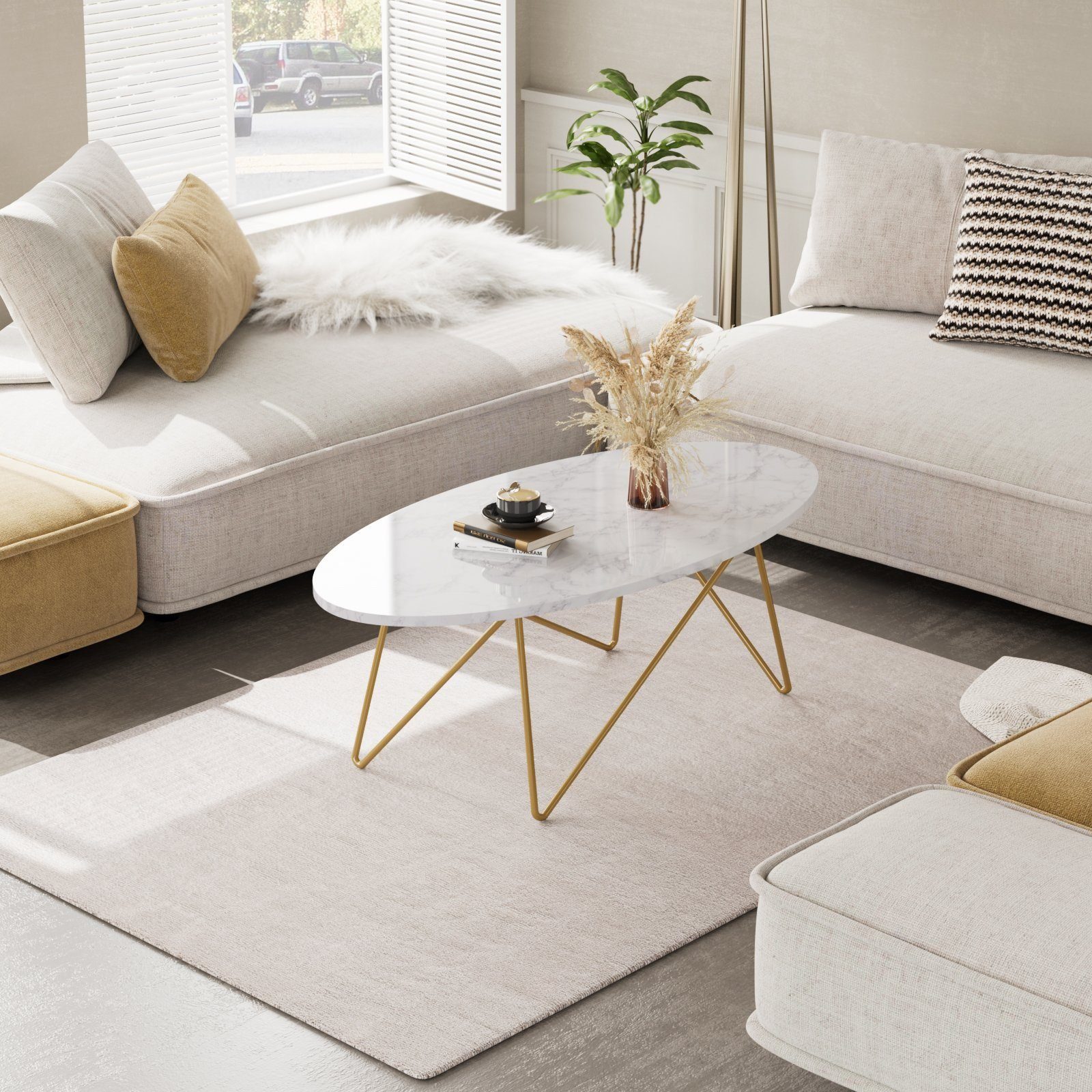 Homfa Couchtisch, Marmor Optik Wohnzimmertisch Oval Sofatisch 120 x 60 cm weiß gold