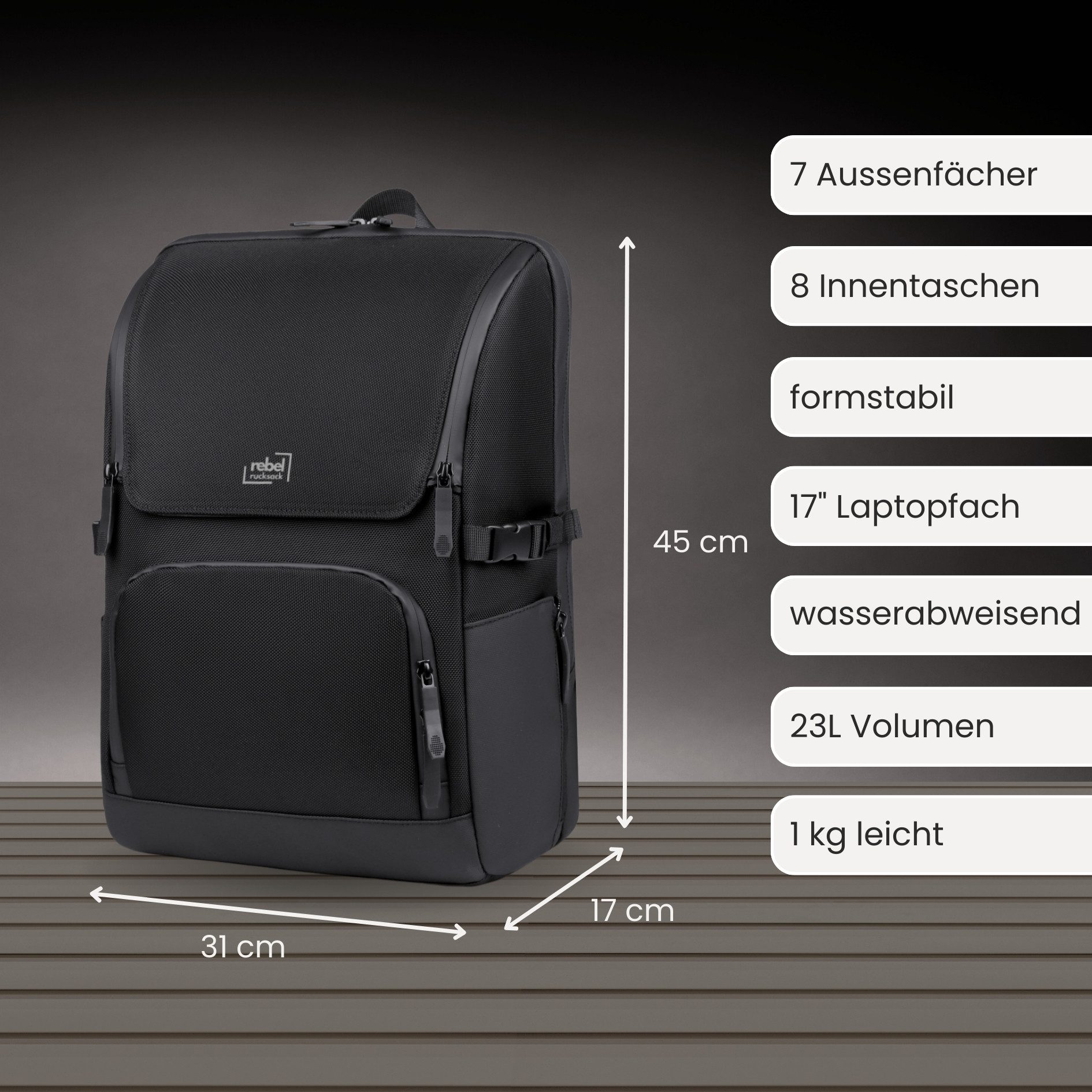 Rebel Rucksack Laptoprucksack Business Pro Black, Laptopfach, Tabletfach, Anti-Theft Fach, formstabil, wasserabweisend