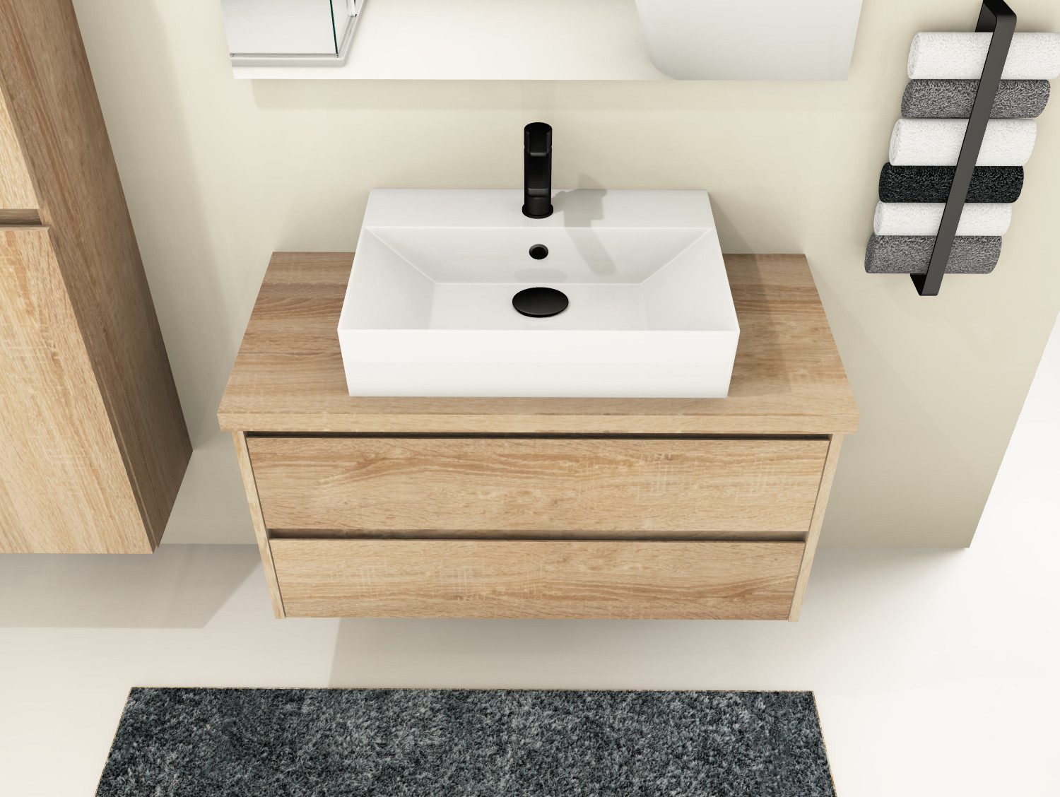 Aqua Bagno Badmöbel-Set Duo Waschplatz 100 cm Badmöbel MDF Eiche Gold 2 Soft-Close Schubladen, (vormontiert, 3-St., Badmöbelschrank melaminbeschichtet, Trägerplatte, Keramikwaschbecken), einfache Montage, Badschrank