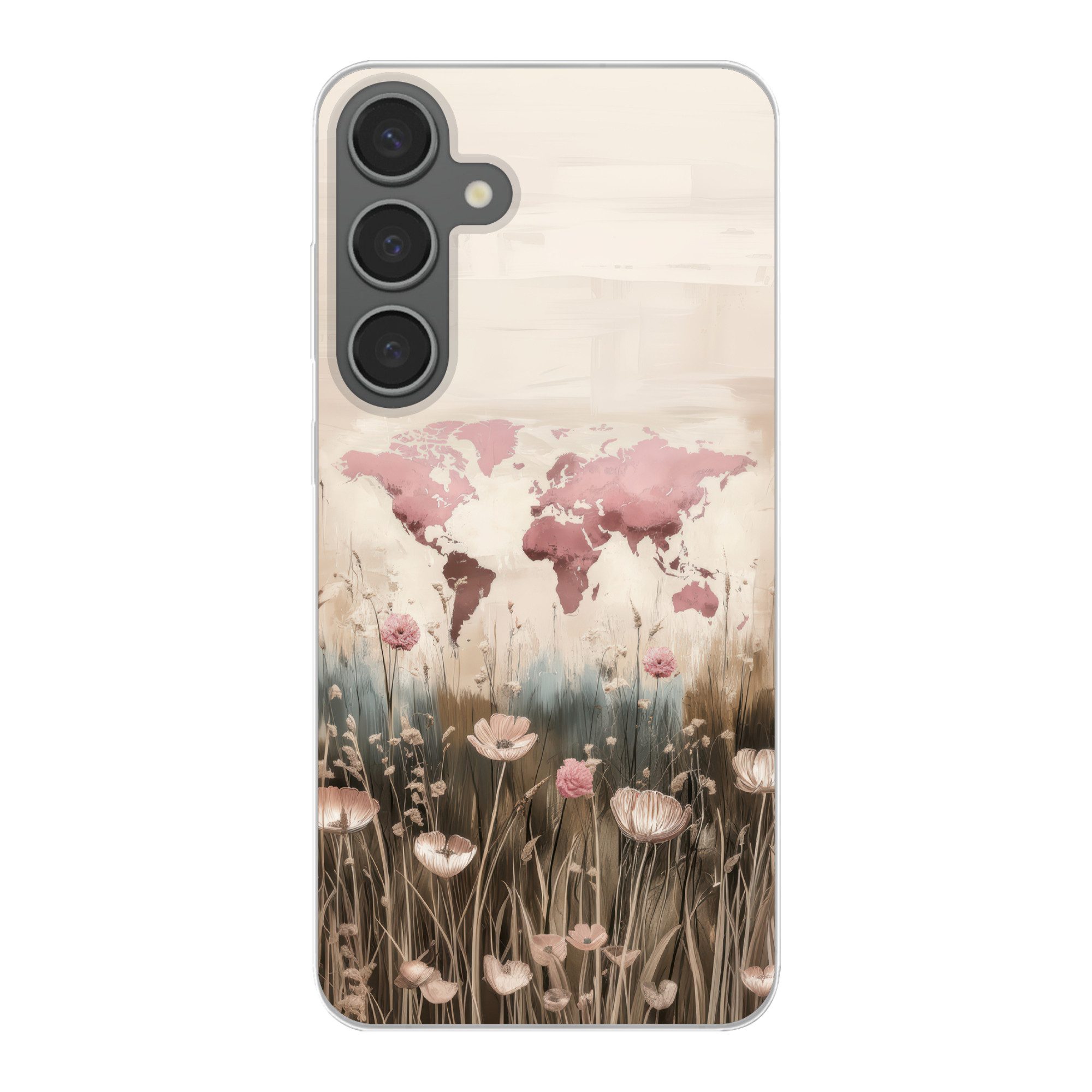 MuchoWow Handyhülle für Samsung Galaxy S24 Plus Weltkarte - Rosa - Blumen, Phone Case, Silikon, Schutzhülle Dünn