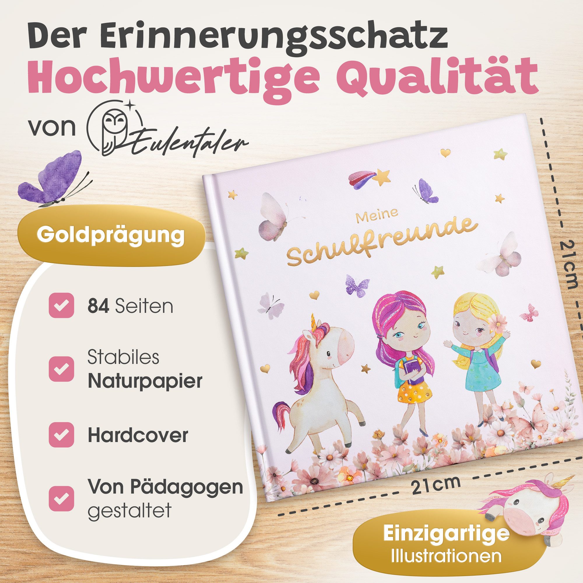 Eulentaler Freundebuch für Mädchen (Schule) I von Pädagogen gestaltet, Prinzessinen, Einhörner & Goldprägung, Geschenk für Schulkinder – Bild 2 von 5