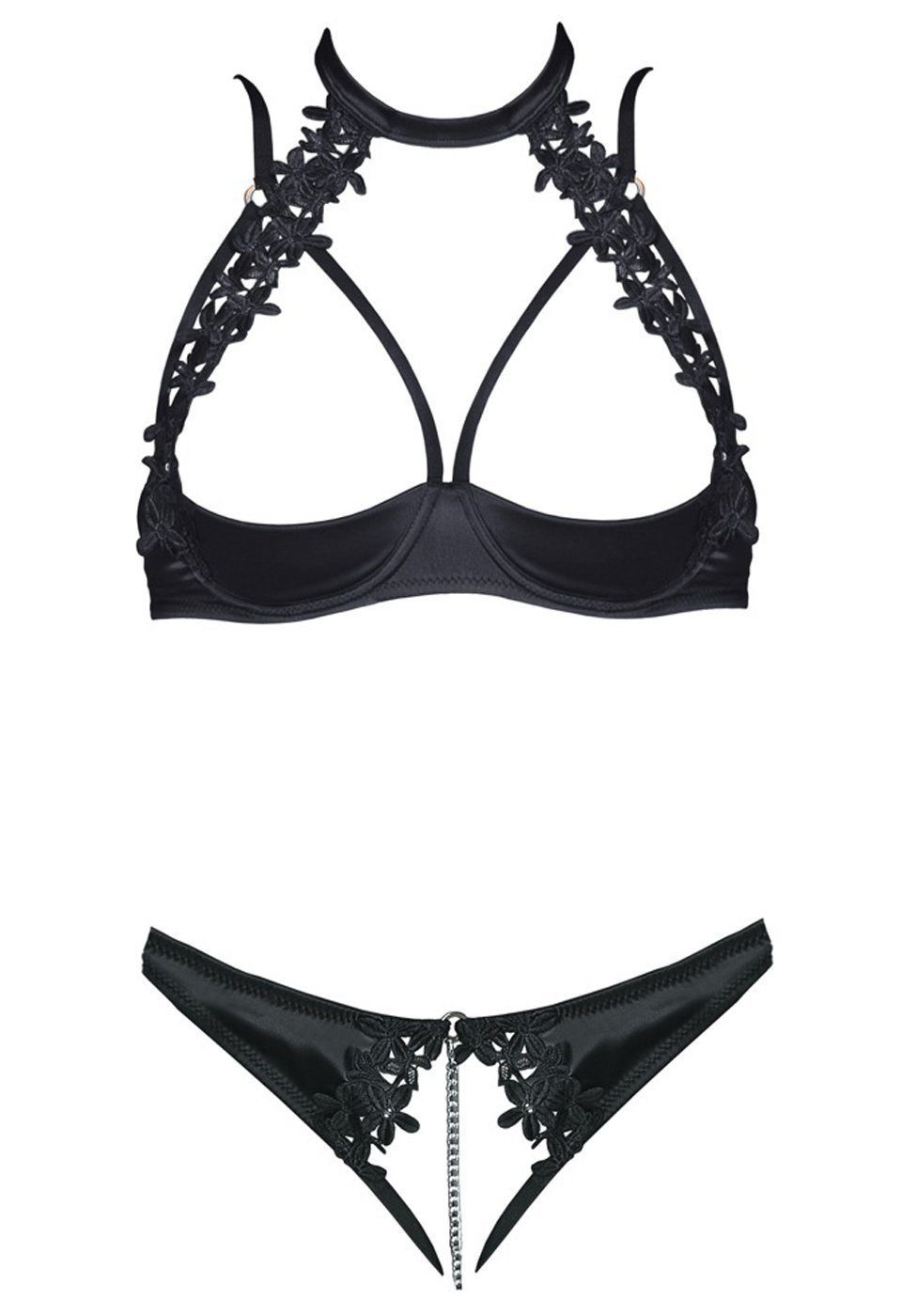 Cottelli Collection Set: Bügel-BH Ouvert Dessous Set: BH und String mit Kette - schwarz (2-tlg) mit offenem Schritt und Cups