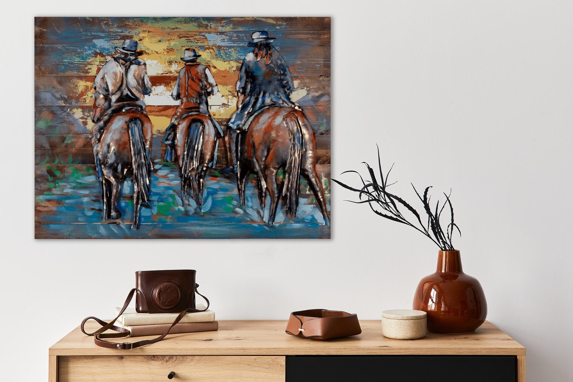 handgefertiges Holz 100x75 aus at cm, Wandbild Holzbild Sunset Ride Cowboys KUNSTLOFT