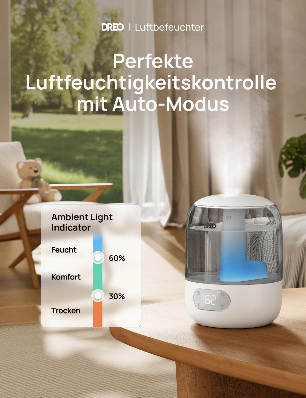Dreo Luftbefeuchter 3L Top-Fill, 30h Laufzeit, leise, mit Sensor und Nachtl günstig online kaufen