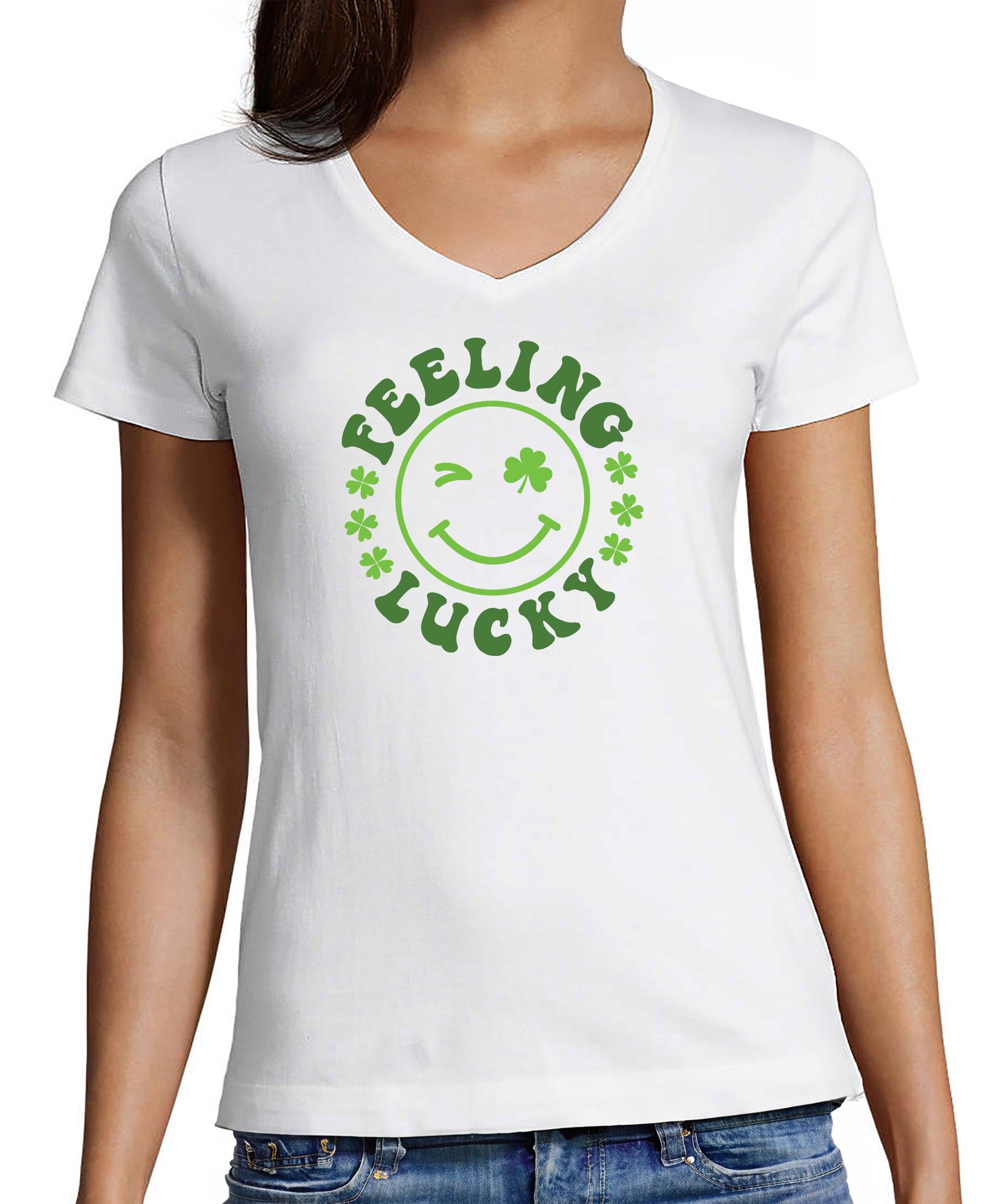 T-Shirt Damen Print Shirt - Zwinkerndes Gesicht Feeling Lucky