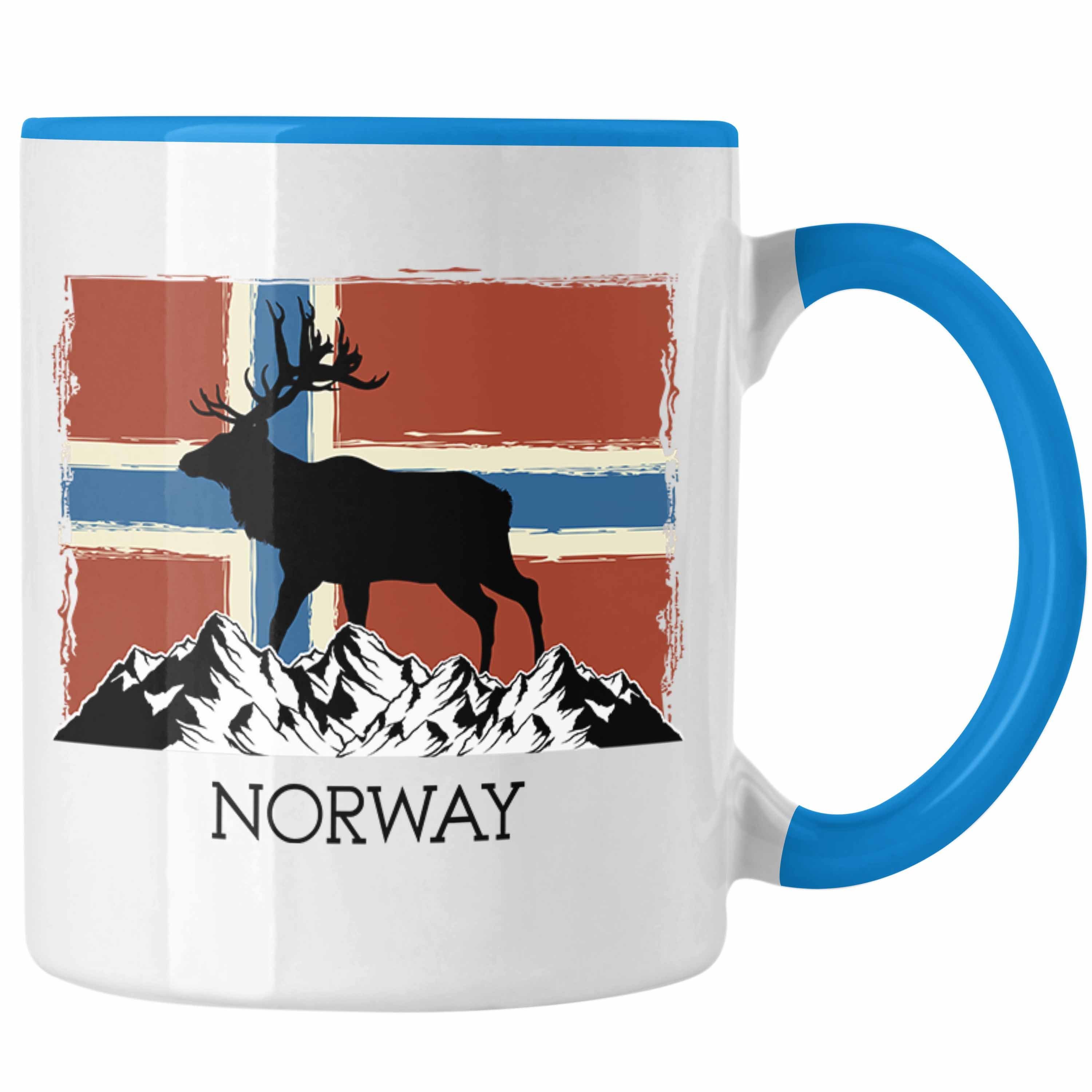 Trendation Tasse Trendation - Norwegen Geschenke Tasse Flagge Nordkap Elch Norway Blau