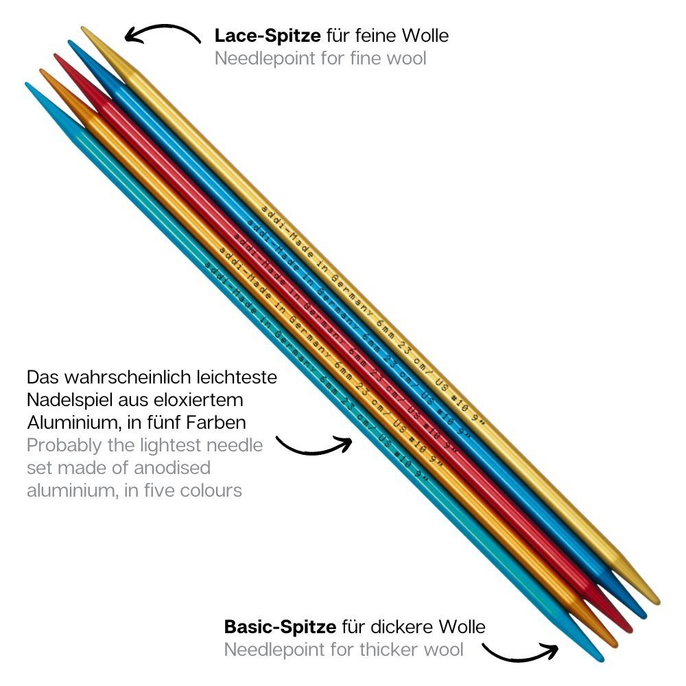 addi Strumpfstricknadeln addiColibri Nadelspiel 204-7 Länge 15/20 cm, Ultraleichtes Nadelspiel für ermüdungsfreies Stricken