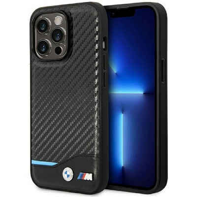 BMW Handyhülle Case iPhone 14 Pro Max Leder Tricolor MagSafe kompatibel Carbon 6,7 Zoll, Kantenschutz
